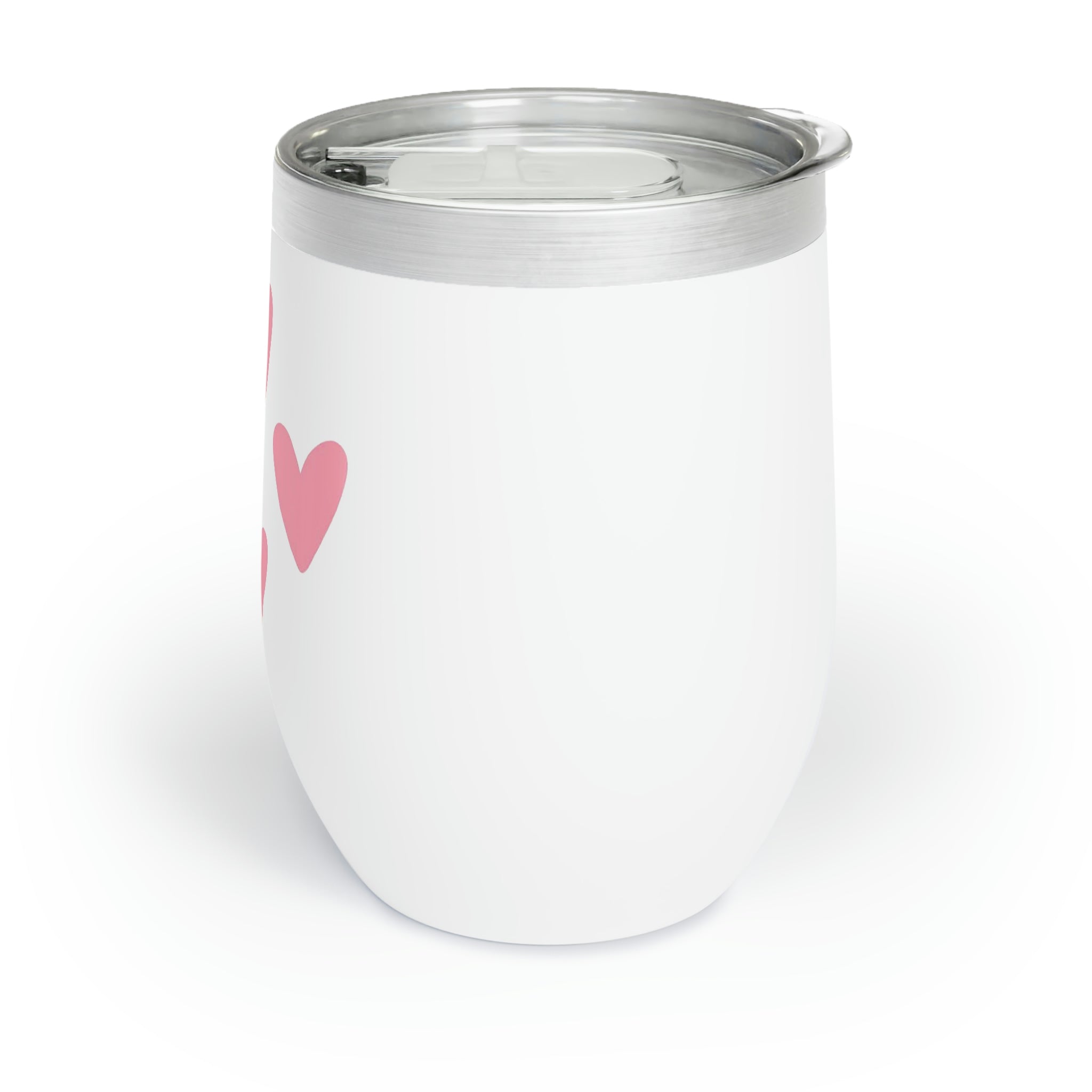 Hearts Chill Wine Tumbler in stainless steel with a customizable design, showcasing its double-insulated walls and stemless shape.