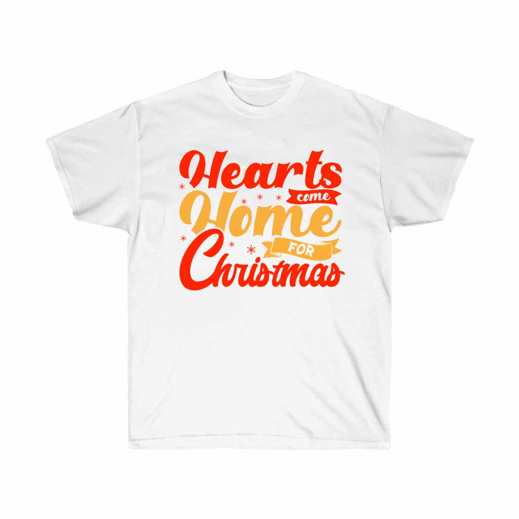 Hearts Come Home for Christmas Holiday Tshirt featuring a festive design, made from 100% soft cotton, perfect for holiday celebrations.
