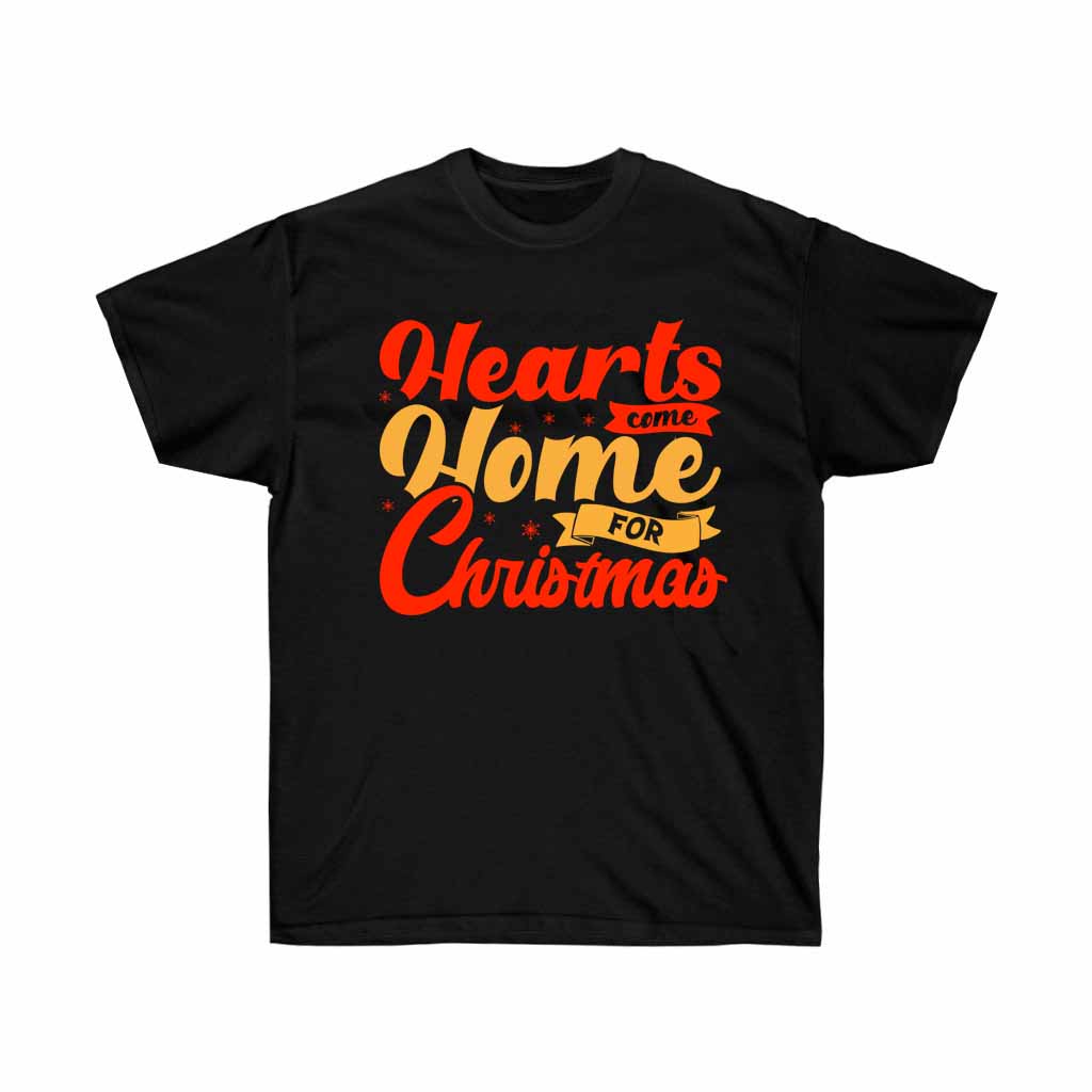 Hearts Come Home for Christmas Holiday Tshirt featuring a festive design, made from 100% soft cotton, perfect for holiday celebrations.