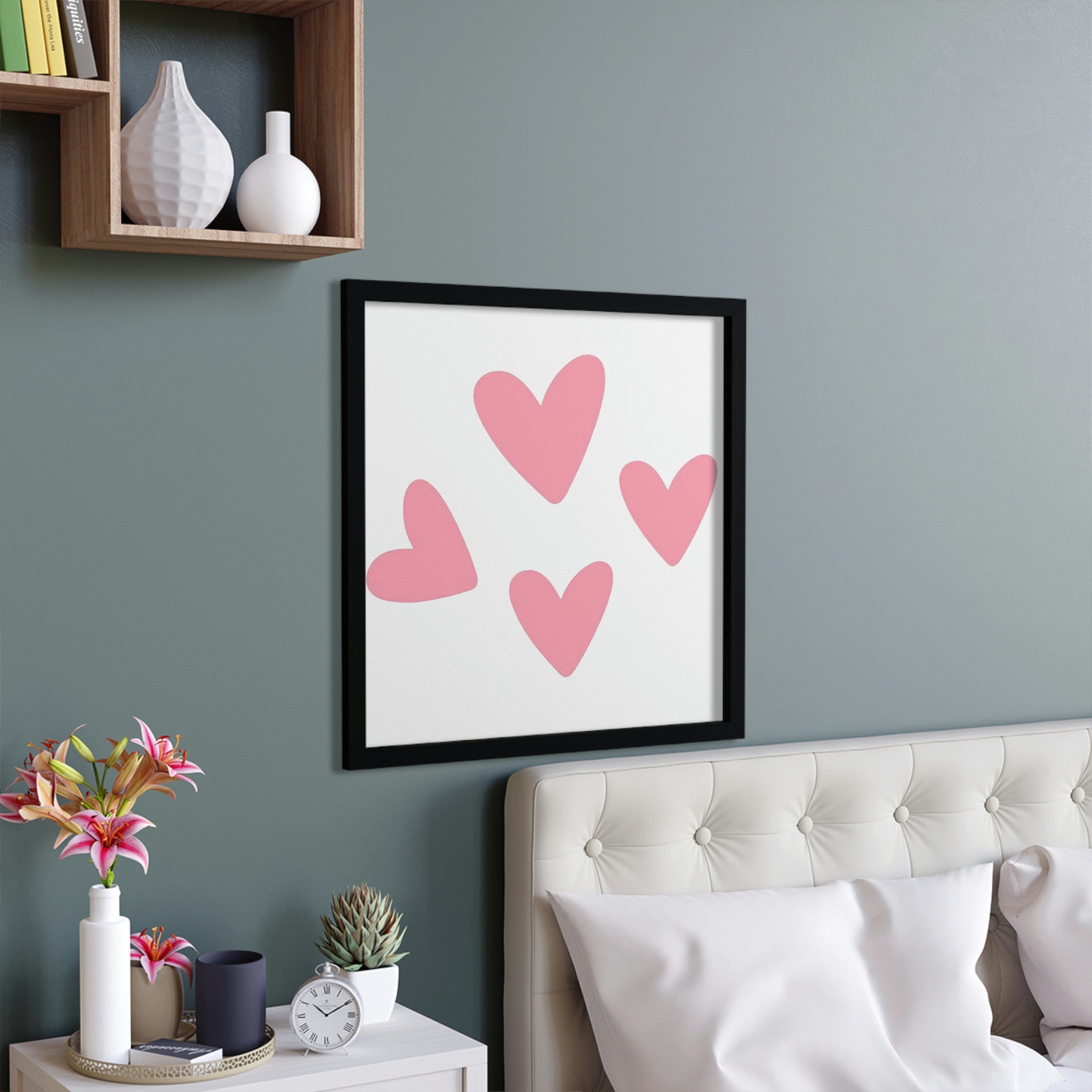 A beautifully framed Hearts Framed Poster with a hand-crafted wooden frame, showcasing vibrant colors and a personalized design.