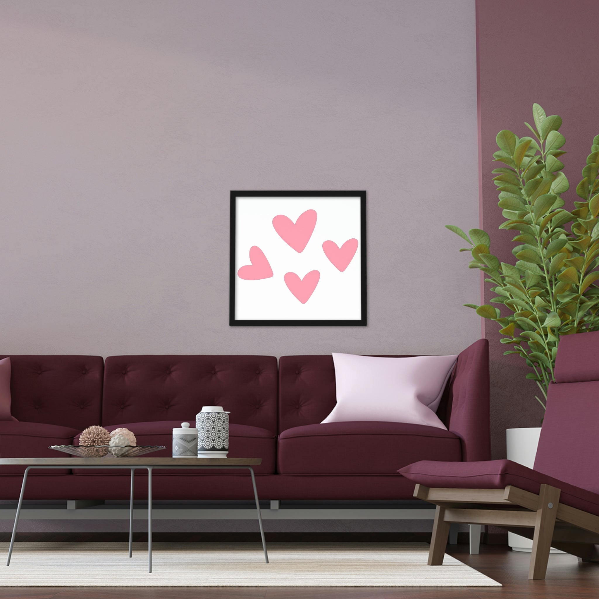 A beautifully framed Hearts Framed Poster with a hand-crafted wooden frame, showcasing vibrant colors and a personalized design.