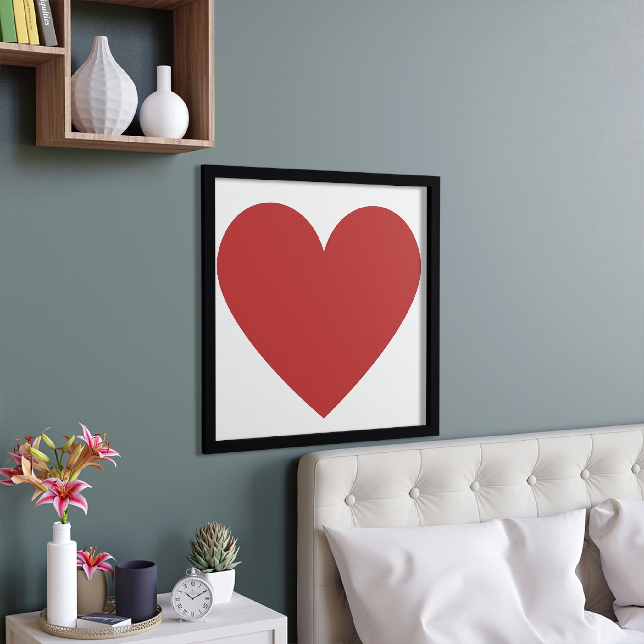 A beautifully framed Hearts Framed Poster showcasing vibrant colors and a hand-crafted wooden frame, ready to hang.