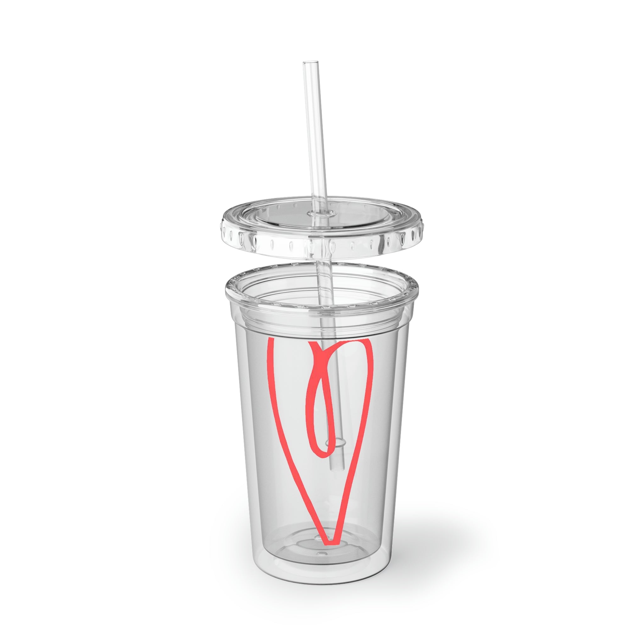 Hearts Suave Acrylic Cup in stainless steel with a black plastic cap and straw, showcasing a customizable design.