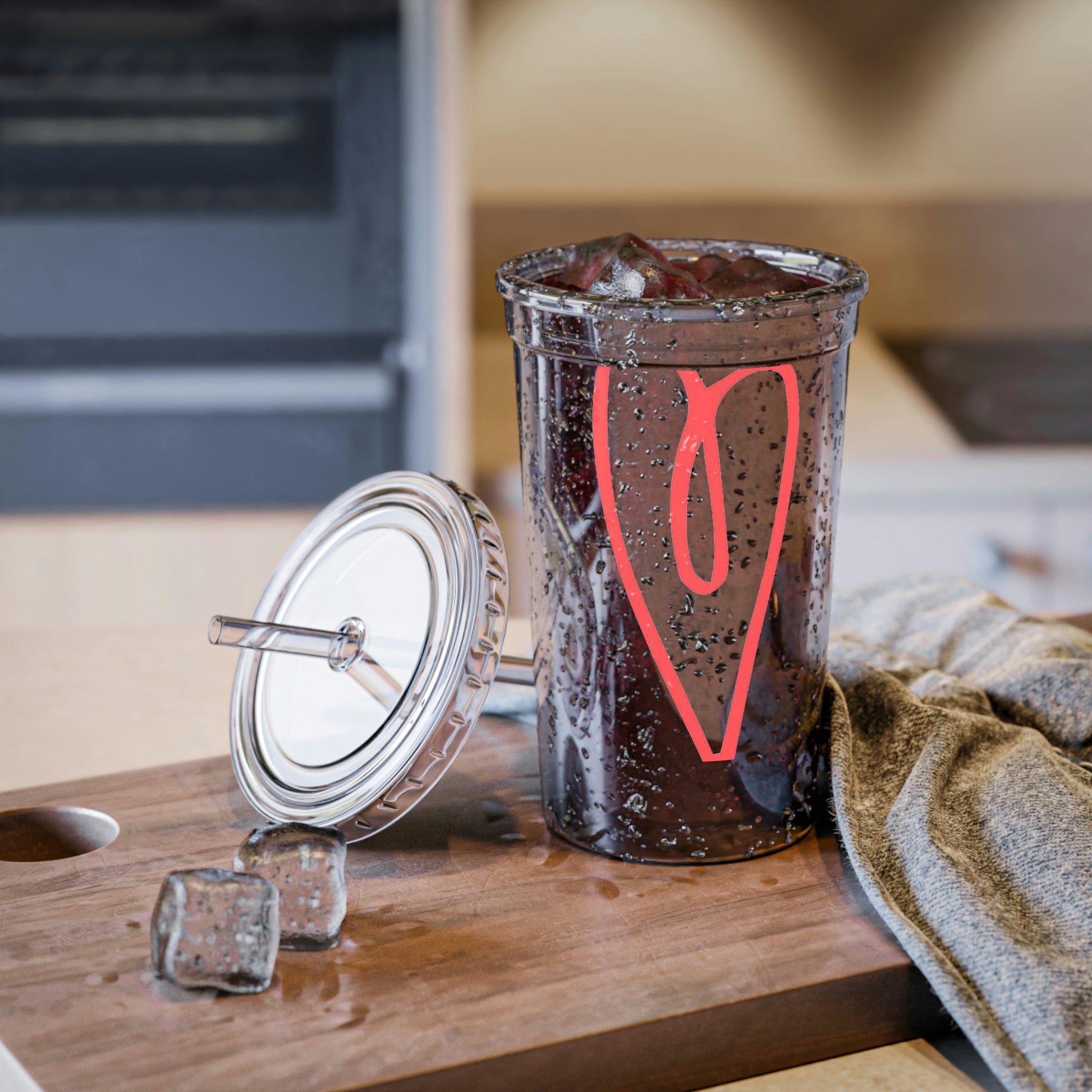 Hearts Suave Acrylic Cup in stainless steel with a black plastic cap and straw, showcasing a customizable design.