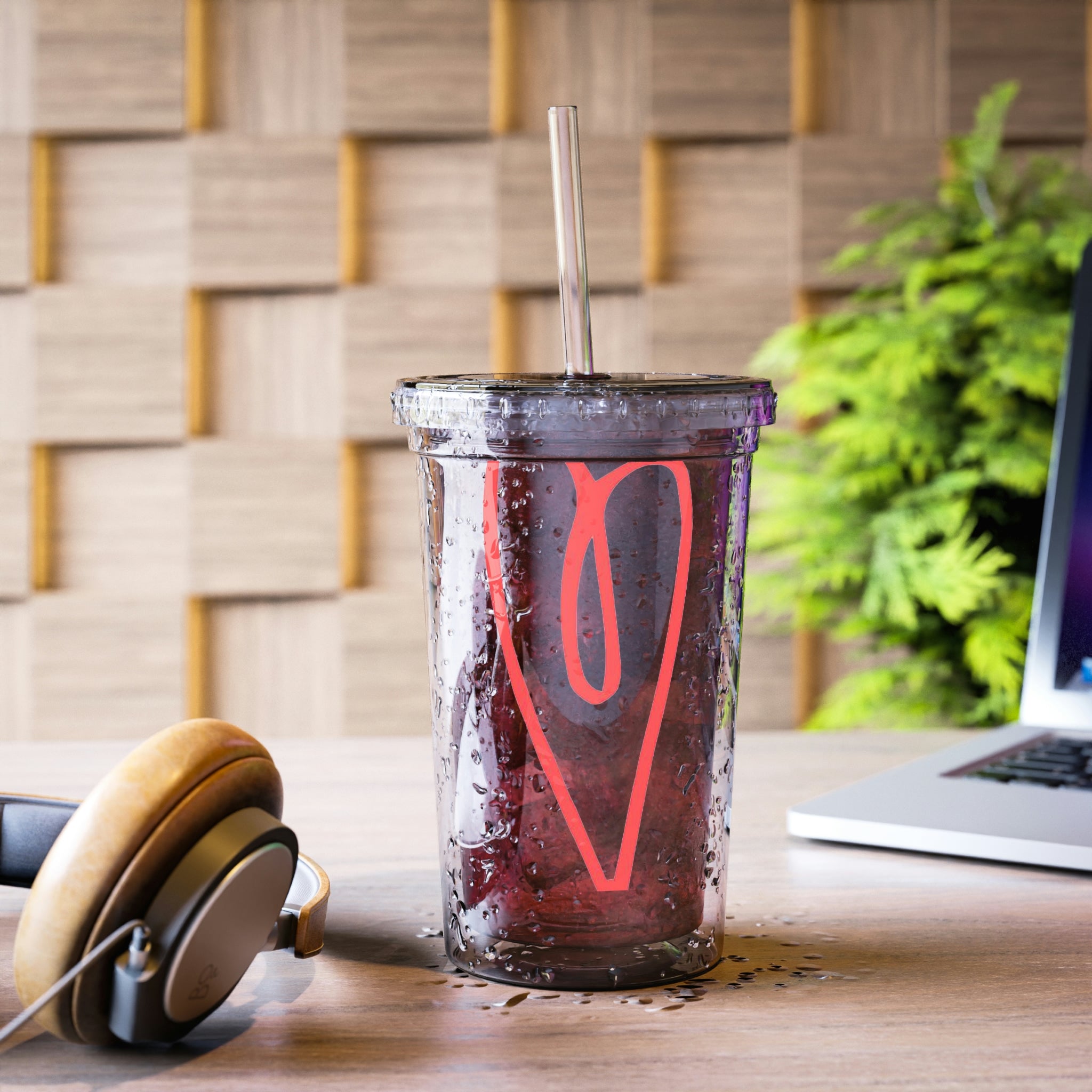 Hearts Suave Acrylic Cup in stainless steel with a black plastic cap and straw, showcasing a customizable design.