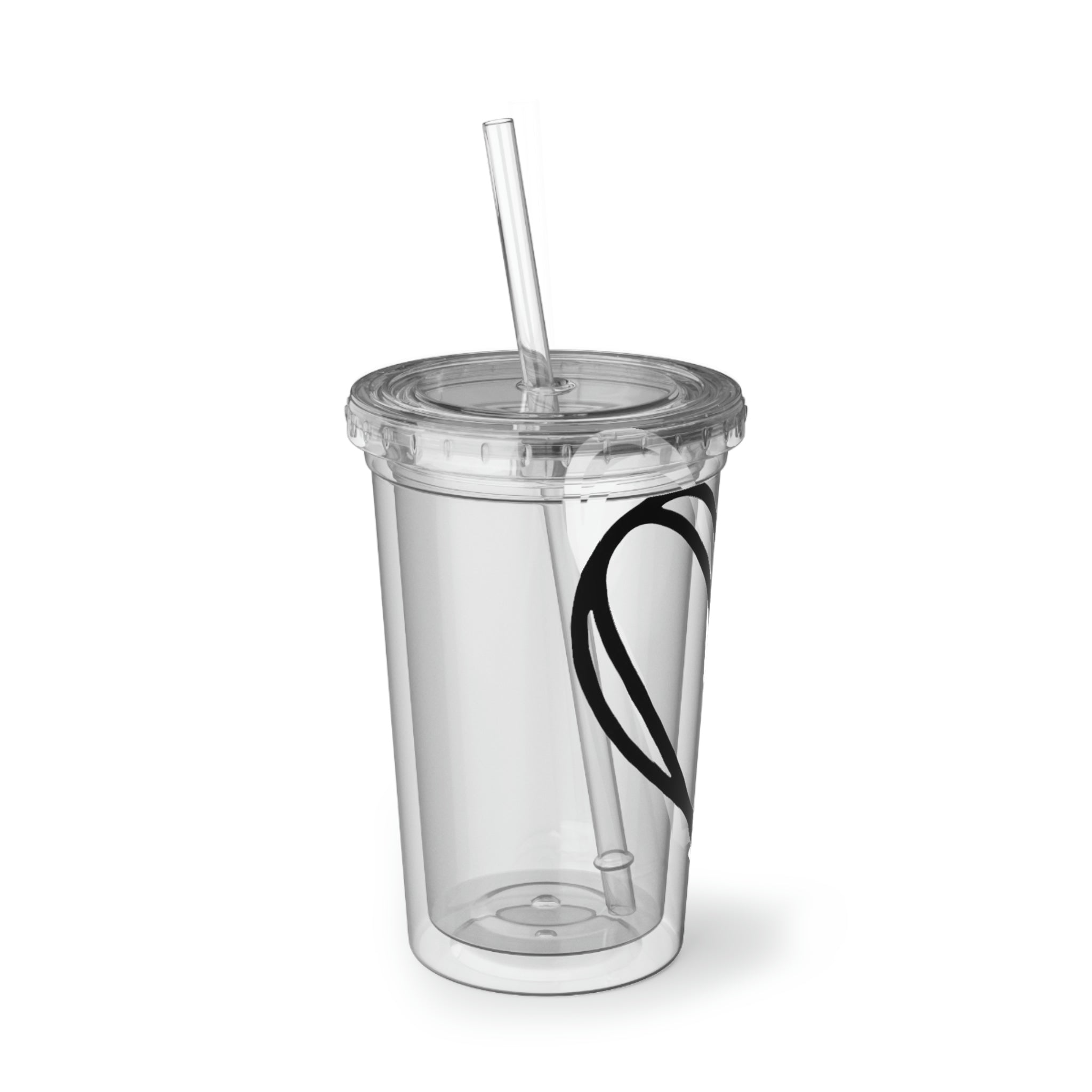Hearts Suave Acrylic Cup in stainless steel with a black screw-on cap and a plastic straw, showcasing a customizable design.