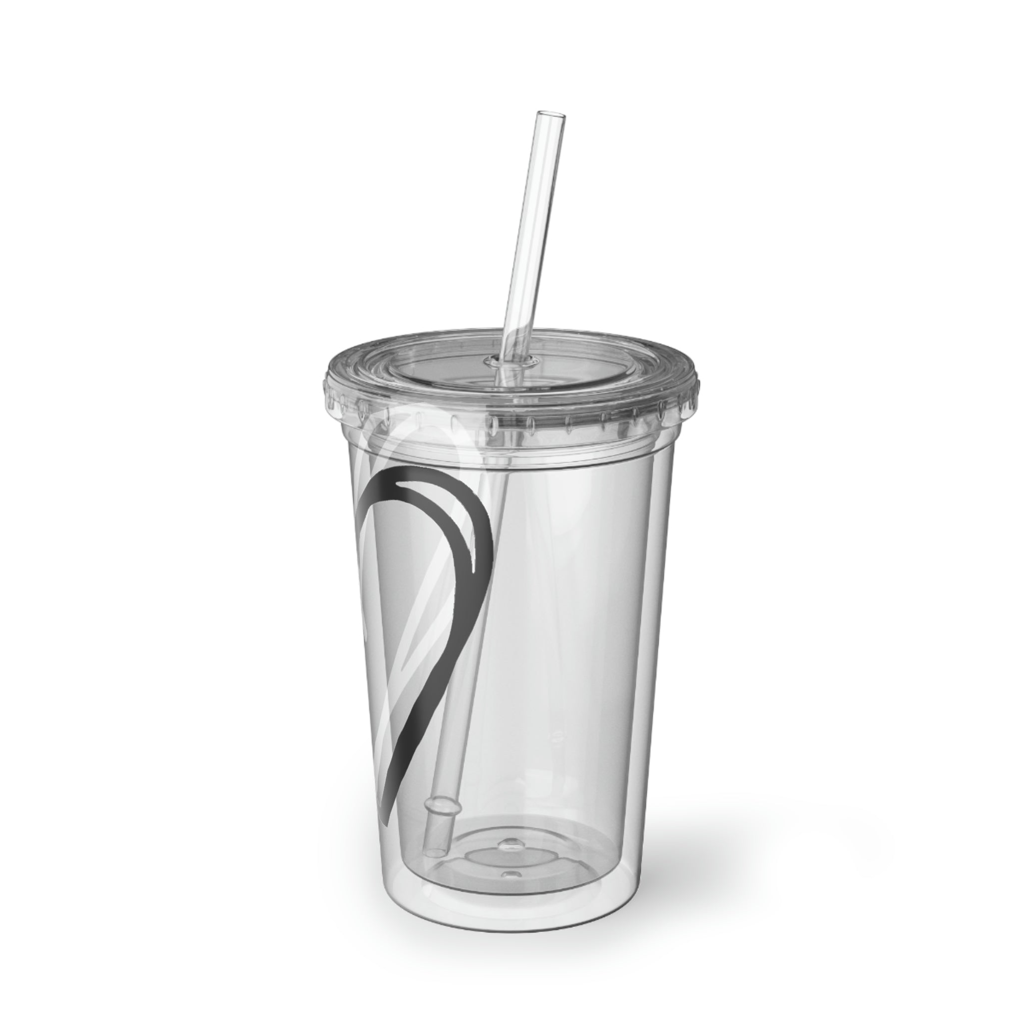 Hearts Suave Acrylic Cup in stainless steel with a black screw-on cap and a plastic straw, showcasing a customizable design.