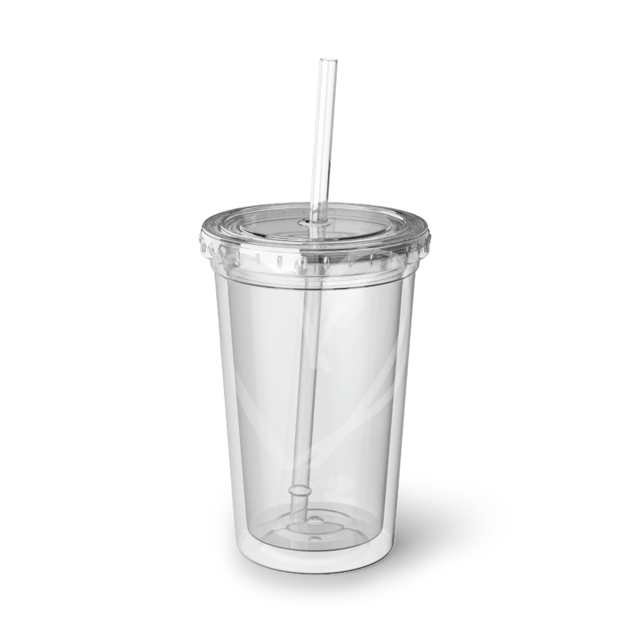 Hearts Suave Acrylic Cup in stainless steel with a black screw-on cap and a plastic straw, showcasing a customizable design.