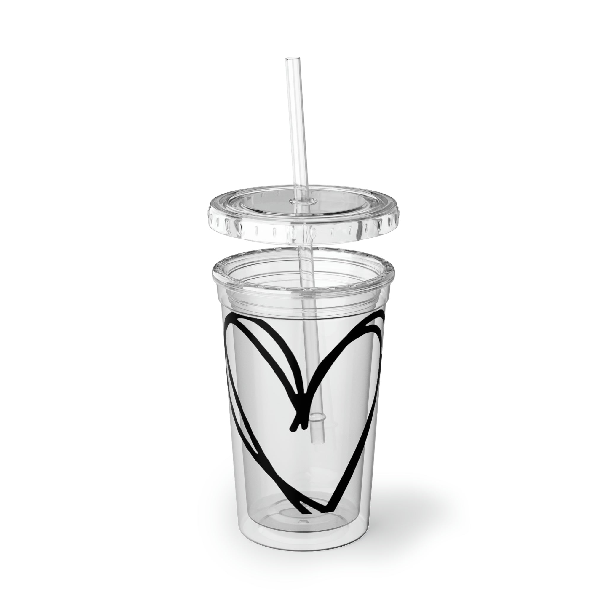 Hearts Suave Acrylic Cup in stainless steel with a black screw-on cap and a plastic straw, showcasing a customizable design.