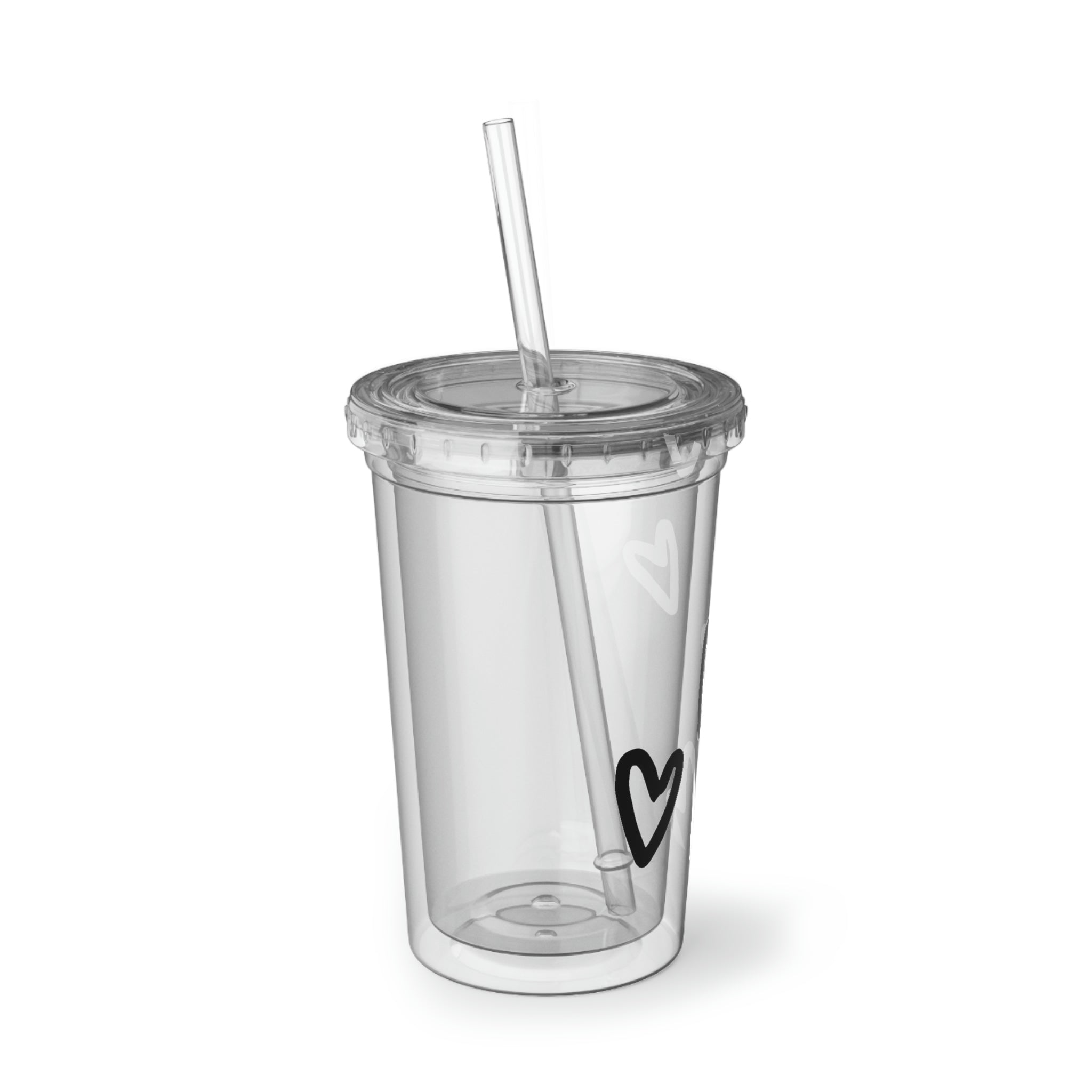 Hearts Suave Acrylic Cup featuring a sleek stainless steel design with a black screw-on cap and a plastic straw, ideal for custom printing.