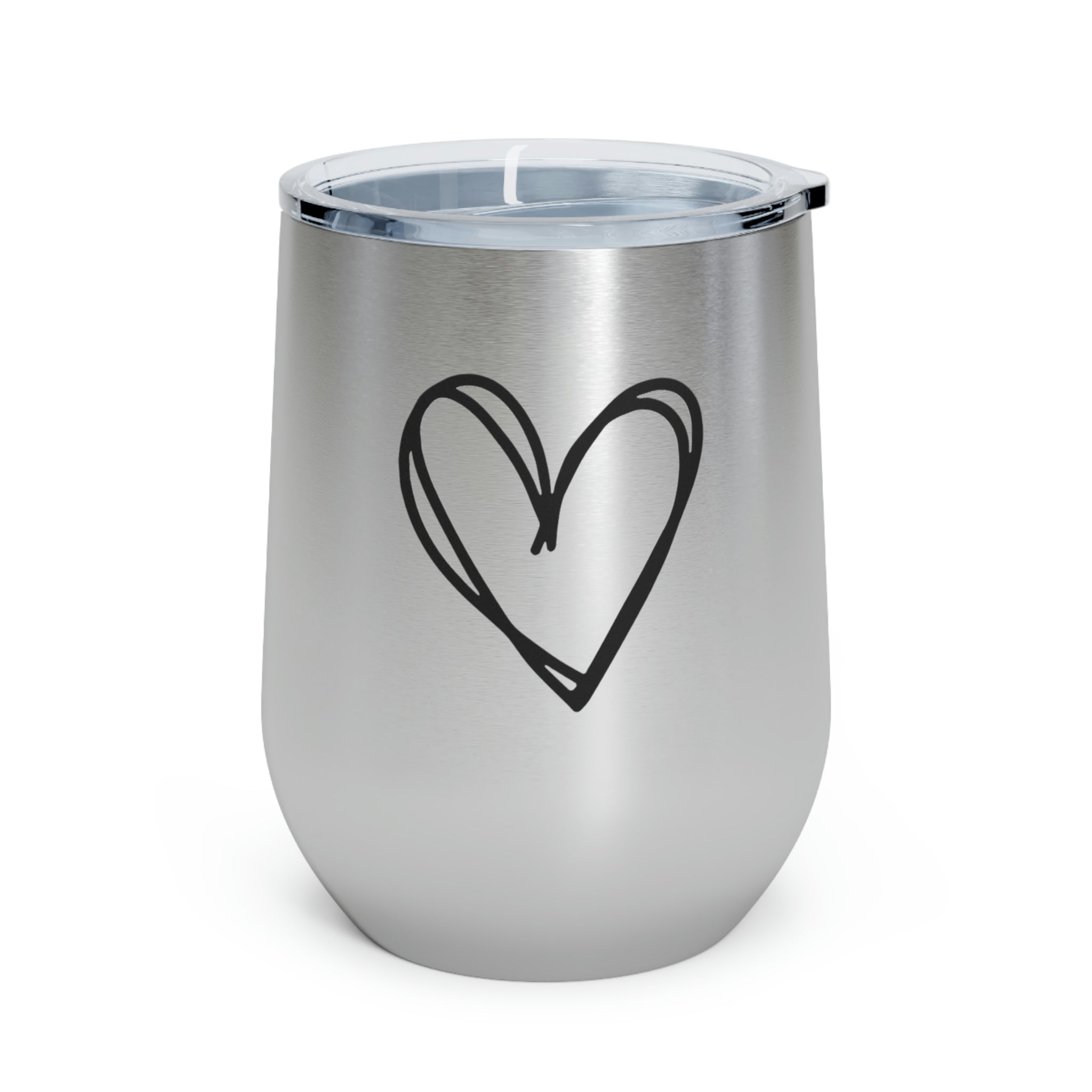 Hearts Wine Tumbler in stainless steel with a clear plastic lid, showcasing a stylish design perfect for hot and cold beverages.