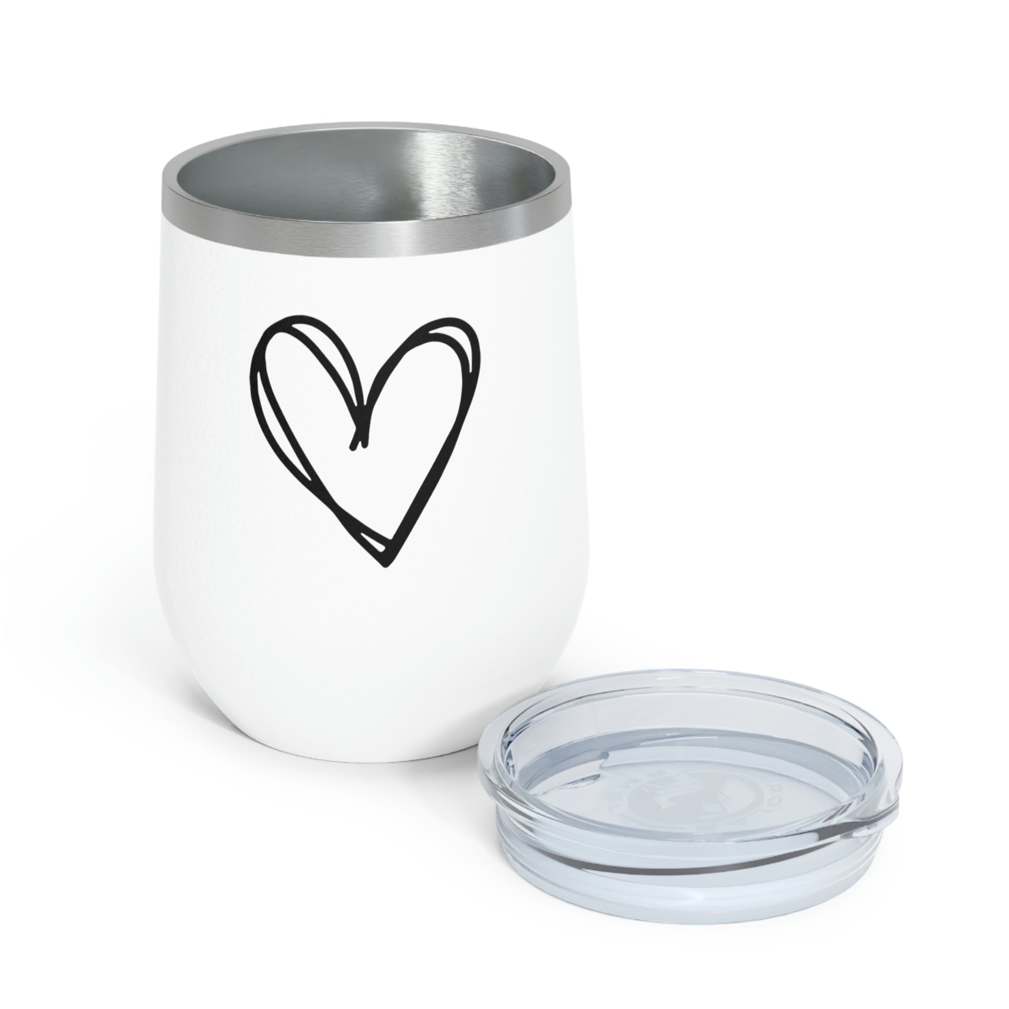 Hearts Wine Tumbler in stainless steel with a clear plastic lid, showcasing a stylish design perfect for hot and cold beverages.