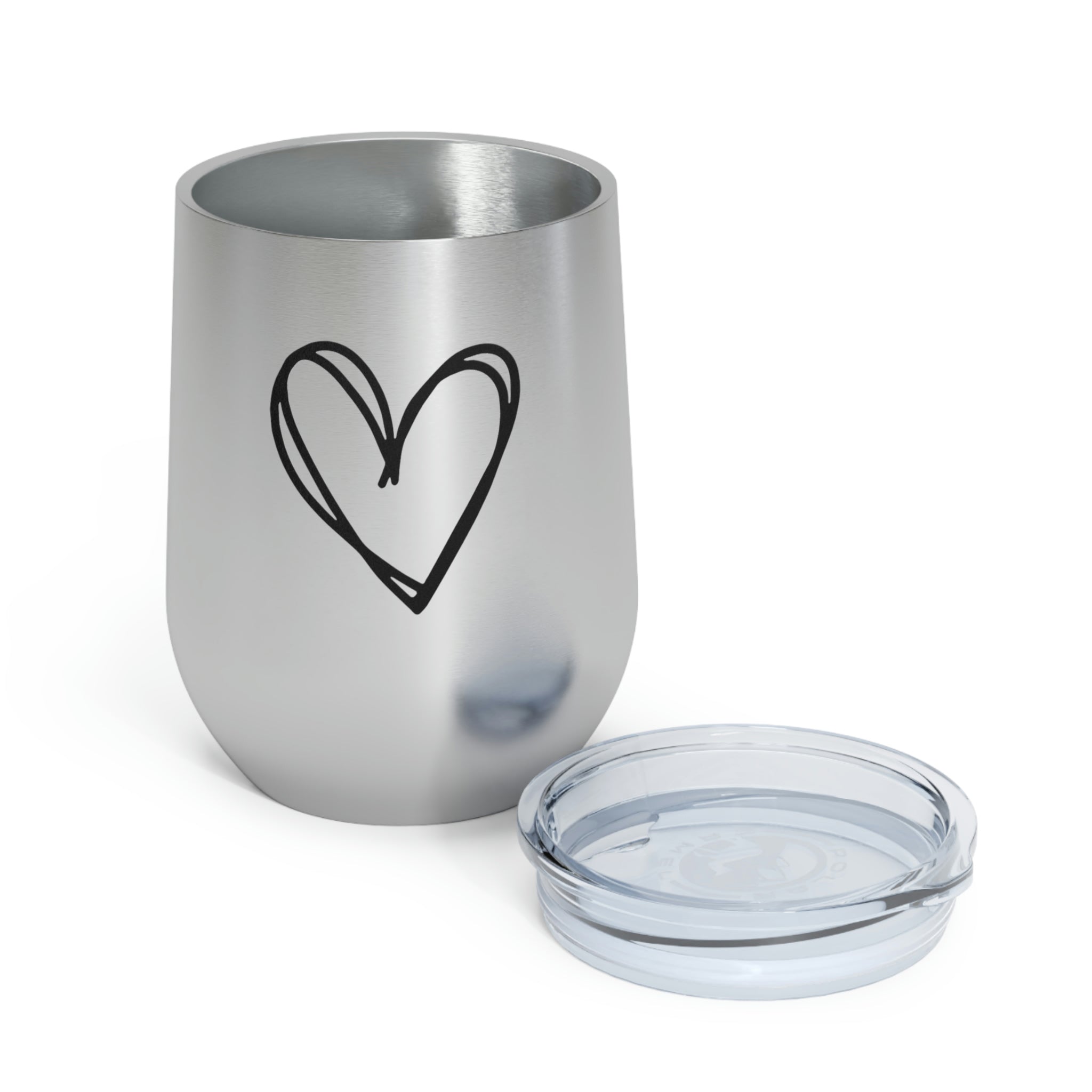 Hearts Wine Tumbler in stainless steel with a clear plastic lid, showcasing a stylish design perfect for hot and cold beverages.