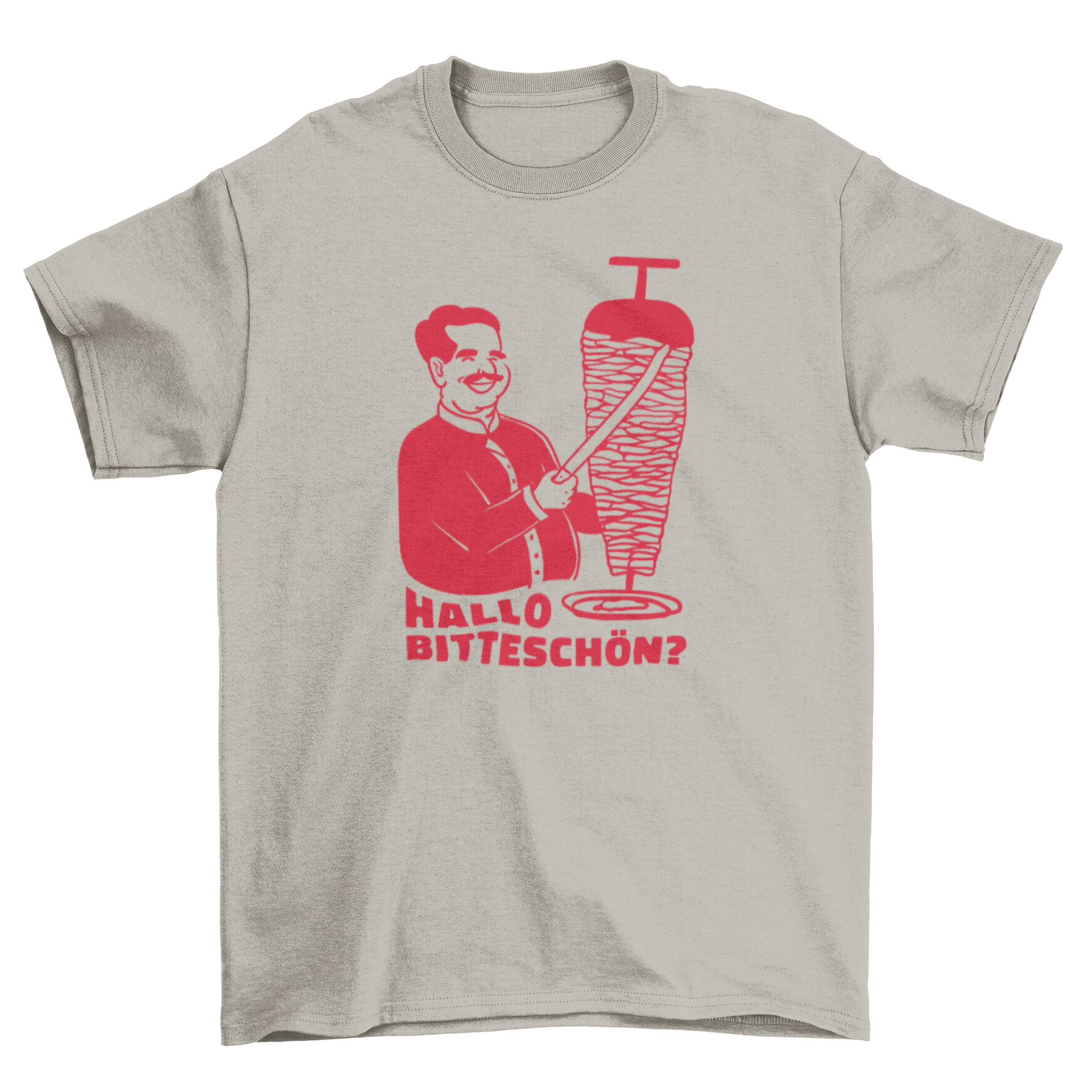 Hello There You Go quote t-shirt featuring a man cutting meat and German text.