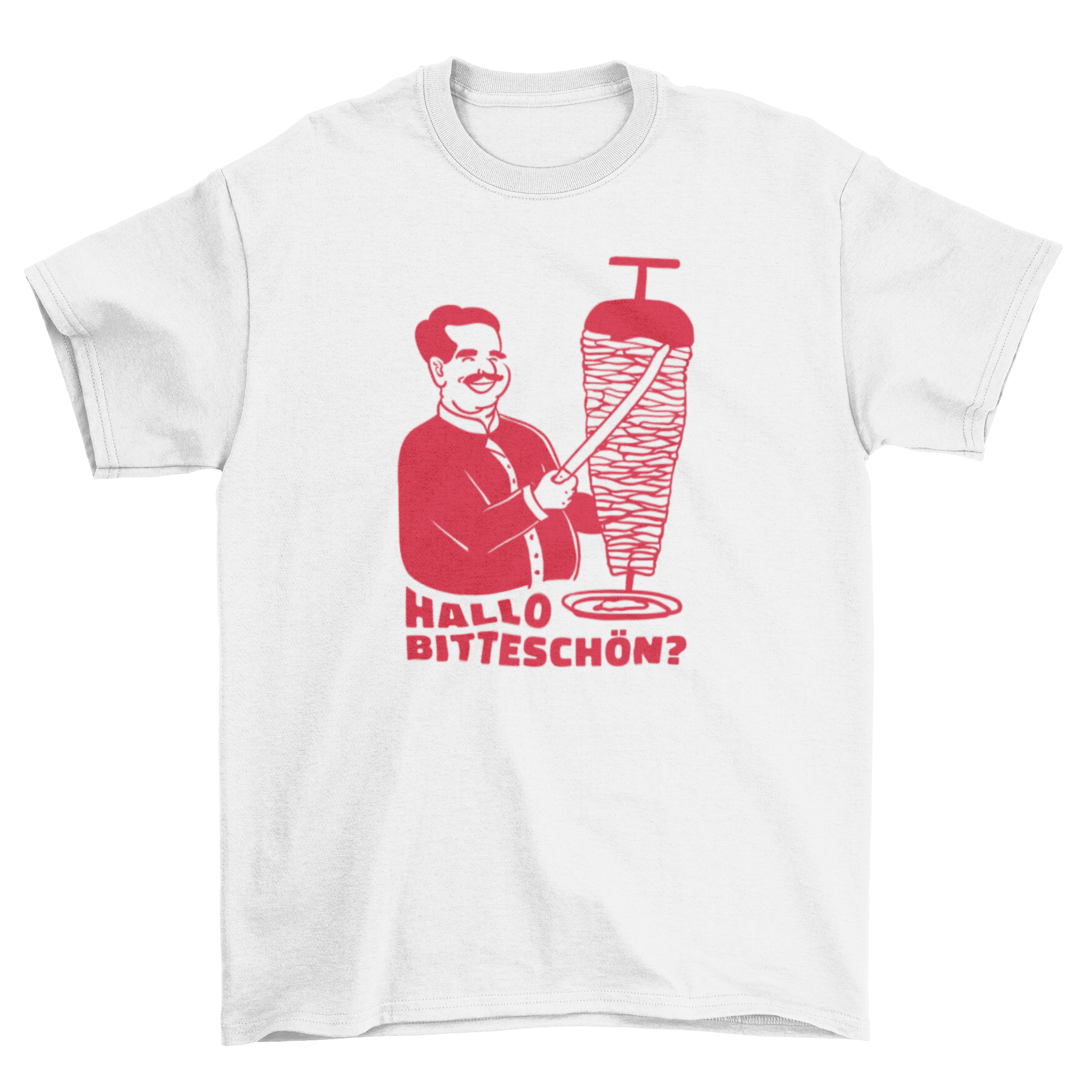 Hello There You Go quote t-shirt featuring a man cutting meat and German text.