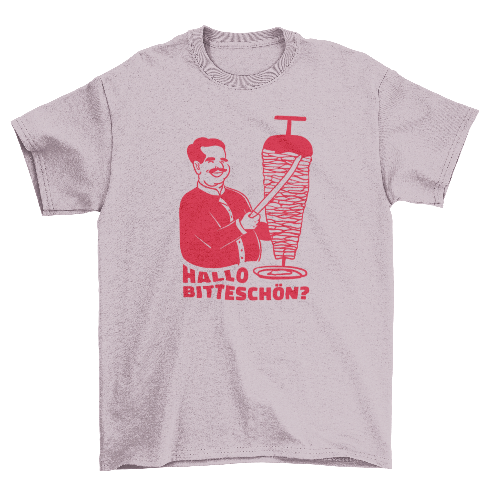 Hello There You Go quote t-shirt featuring a man cutting meat and German text.