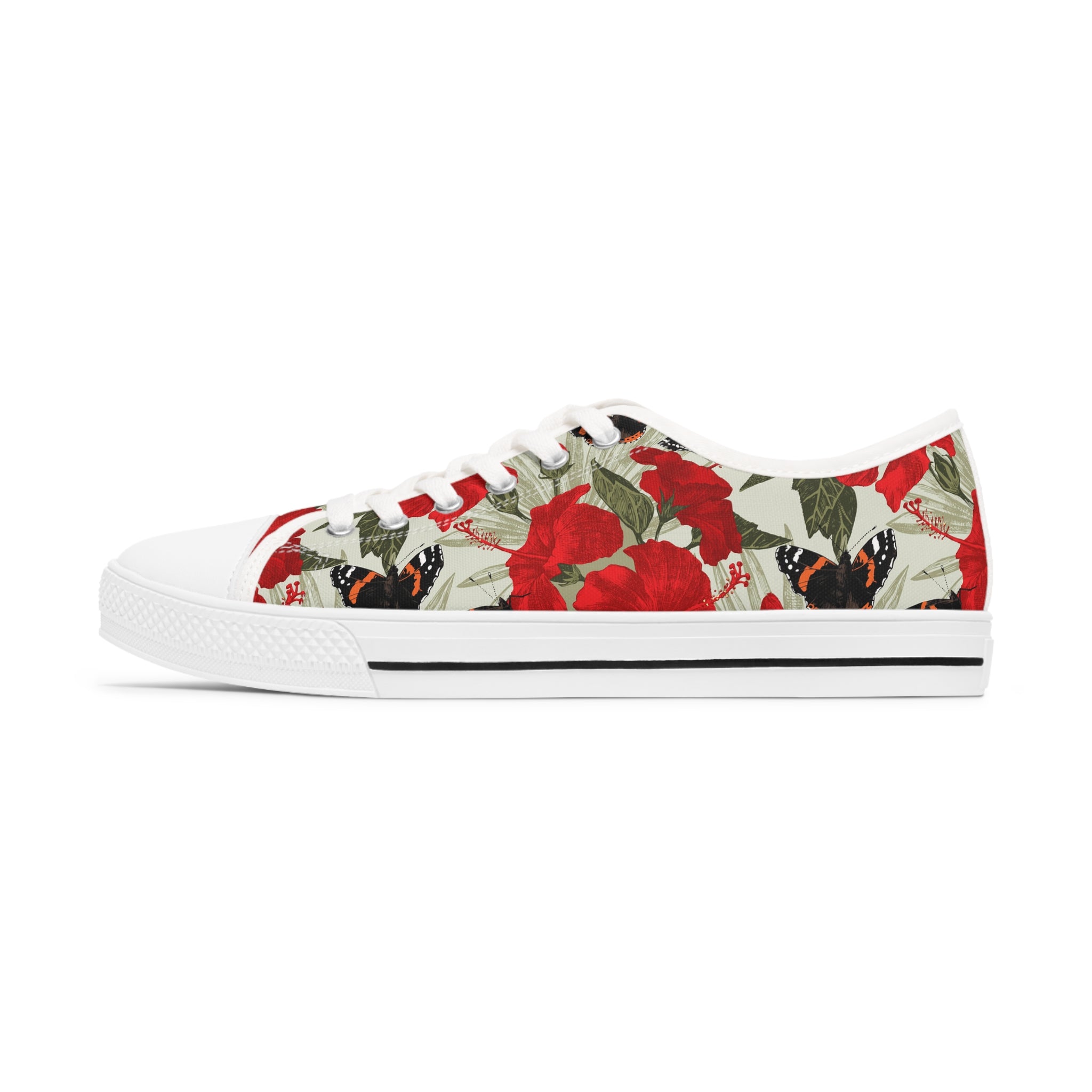 Hibiscus Women's Low Top Sneakers in black and white options, showcasing breathable canvas and stylish design.