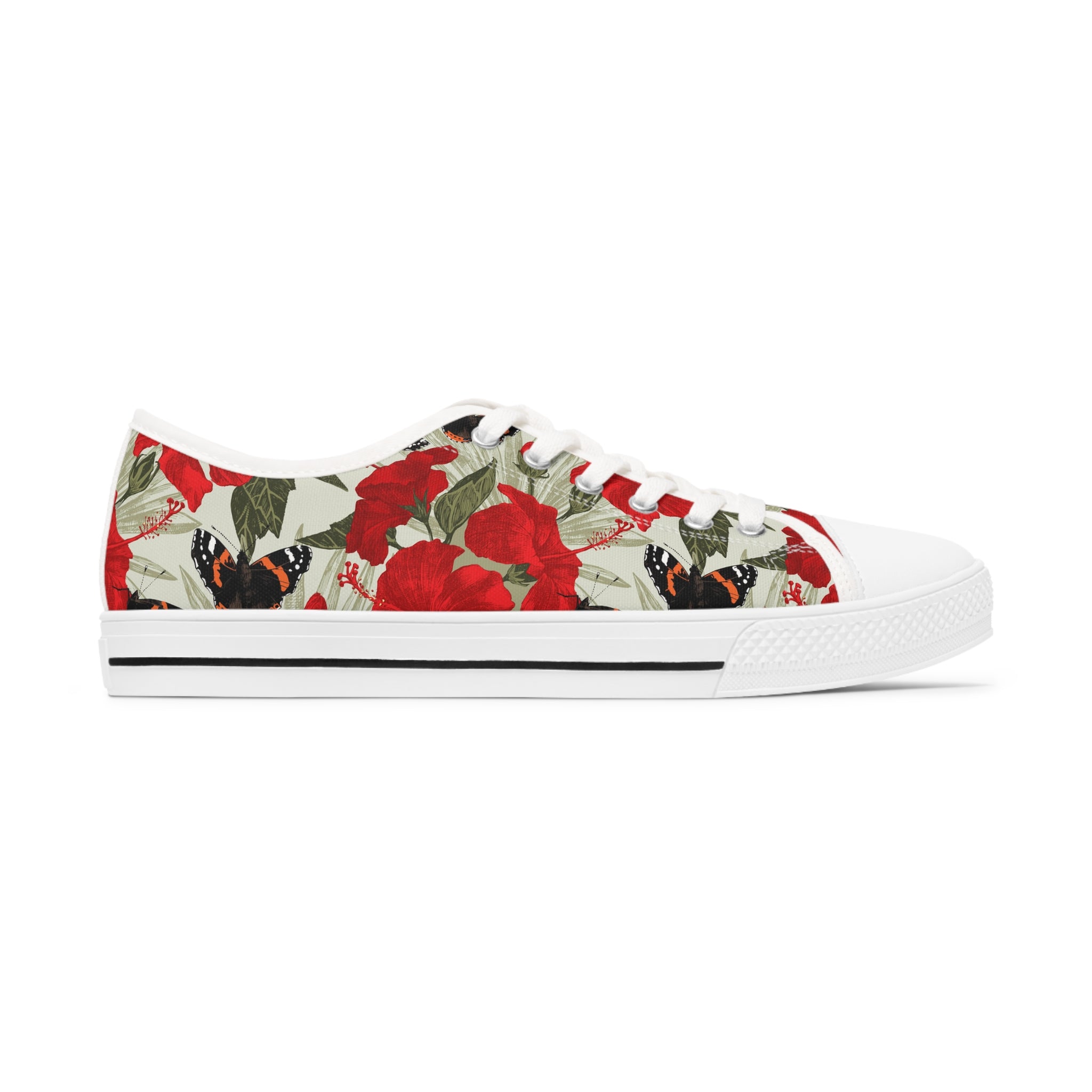 Hibiscus Women's Low Top Sneakers in black and white options, showcasing breathable canvas and stylish design.
