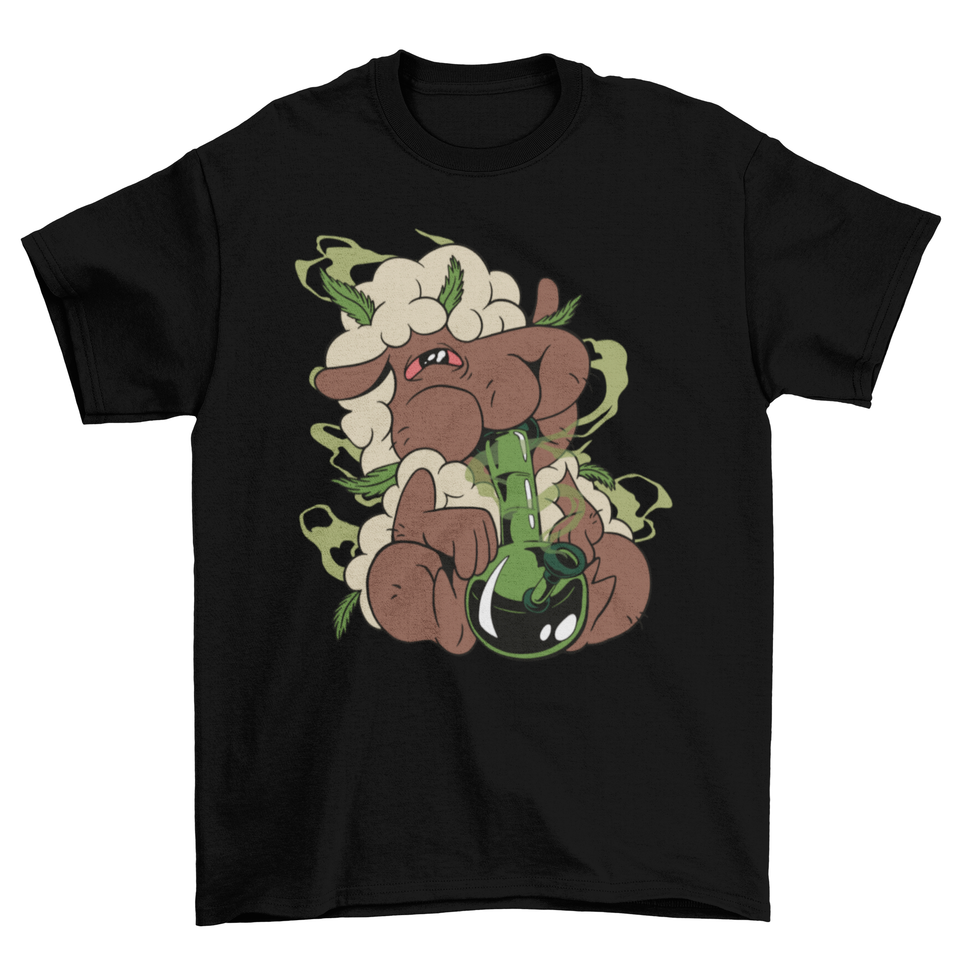 High Marijuana Sheep T-Shirt featuring a cartoon sheep smoking from a bong, showcasing a fun and quirky design.