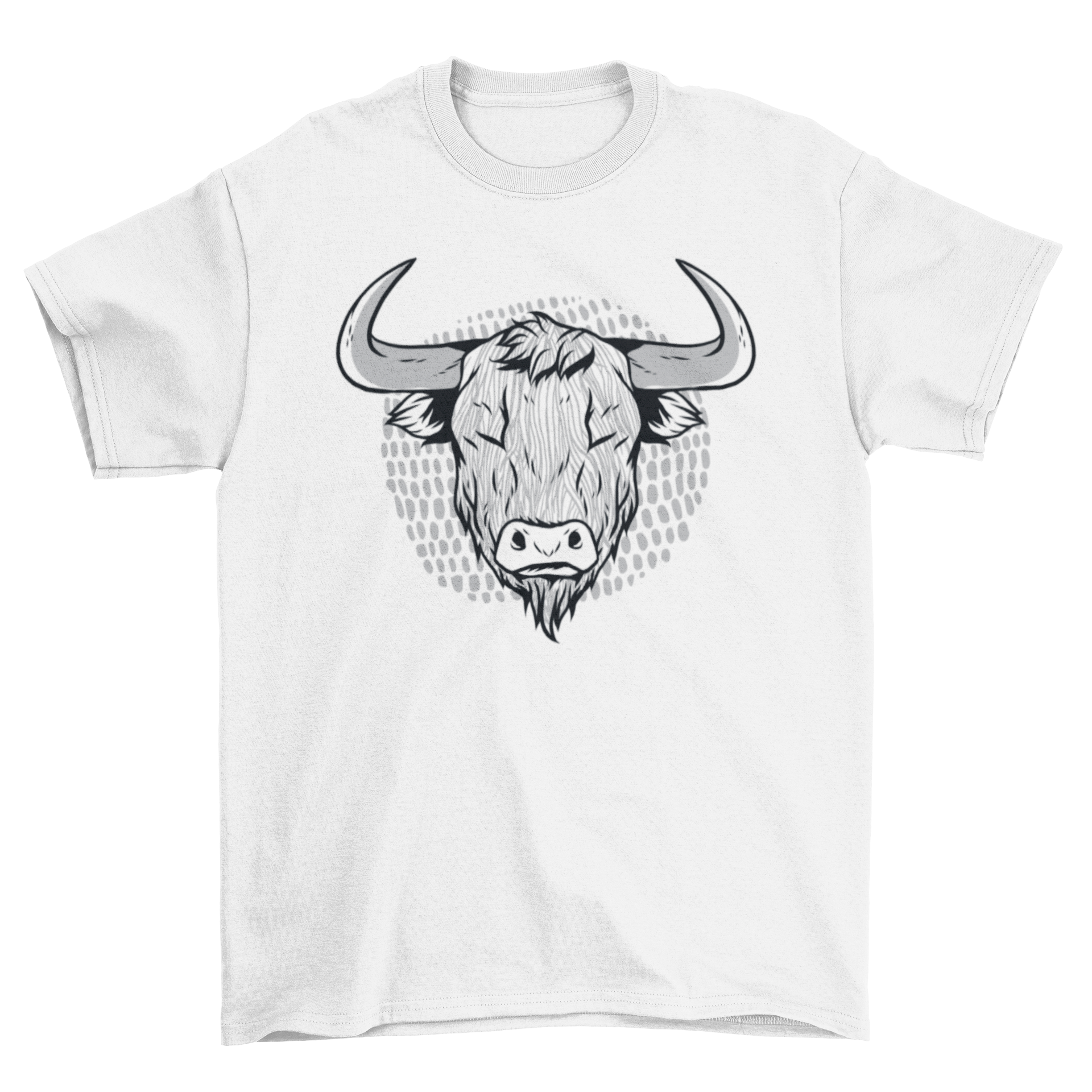 Highland cattle T-shirt featuring a detailed illustration of a hairy Scottish cow head.