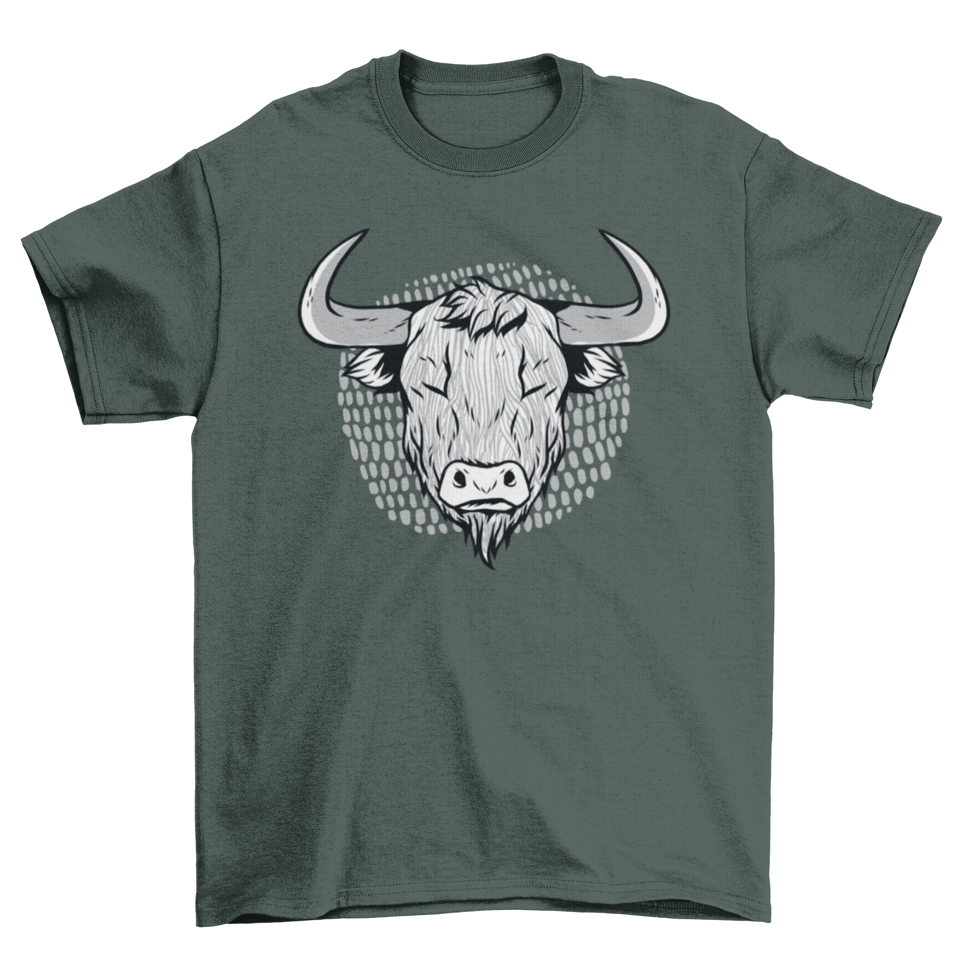 Highland cattle T-shirt featuring a detailed illustration of a hairy Scottish cow head.