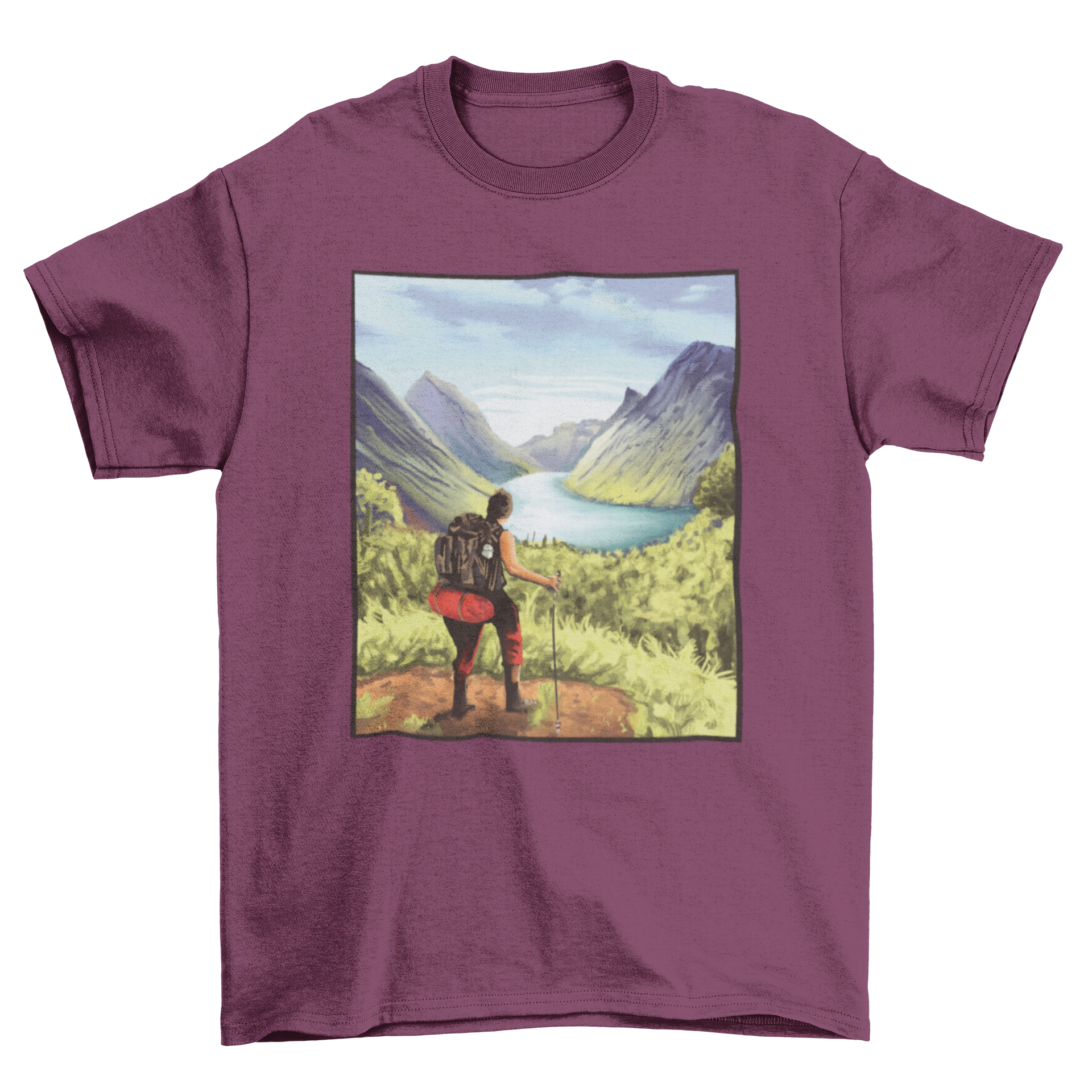 A stylish t-shirt featuring a hiker in a scenic landscape with mountains, a river, and trees, perfect for outdoor enthusiasts.