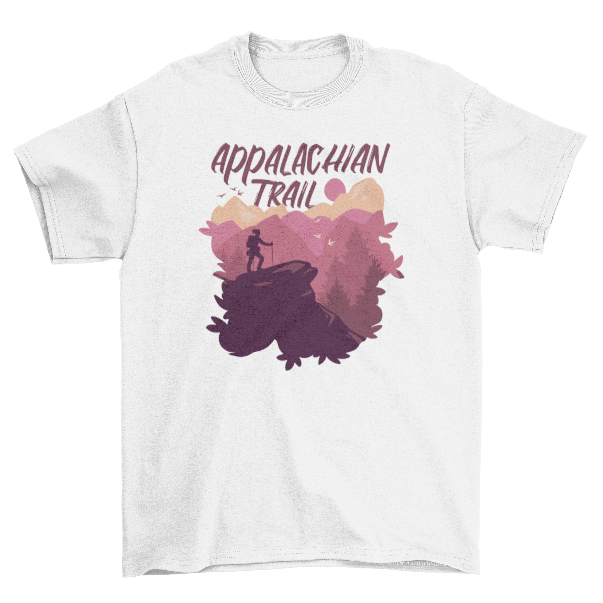 A stylish t-shirt featuring a hiker on mountains with the quote 'Appalachian Trail'.