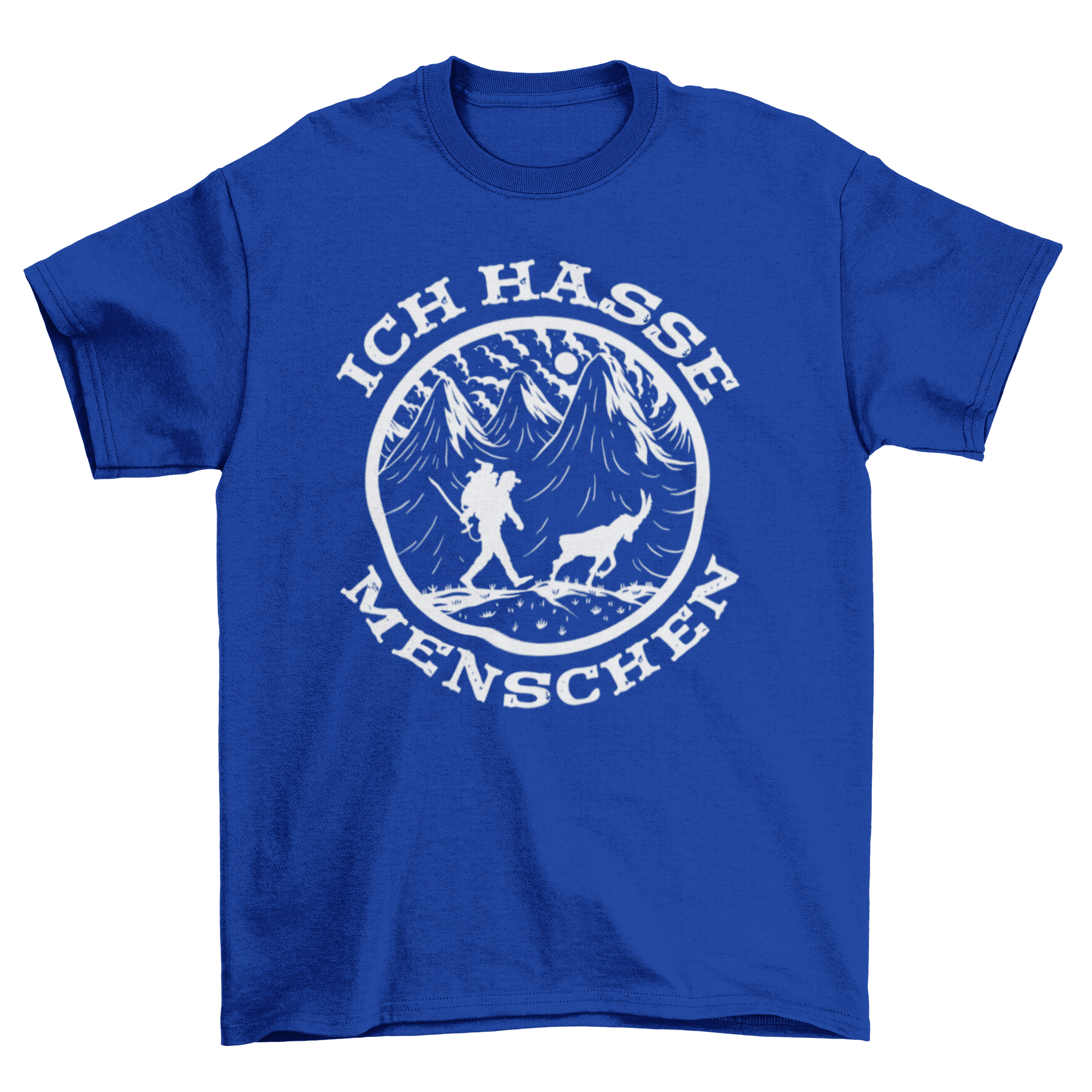 A stylish t-shirt featuring a man and a goat hiking, with a humorous German quote.