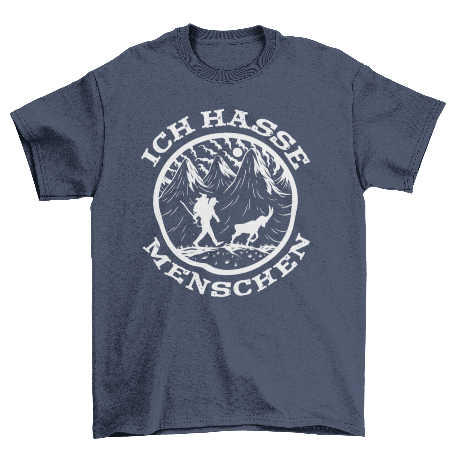 A stylish t-shirt featuring a man and a goat hiking, with a humorous German quote.