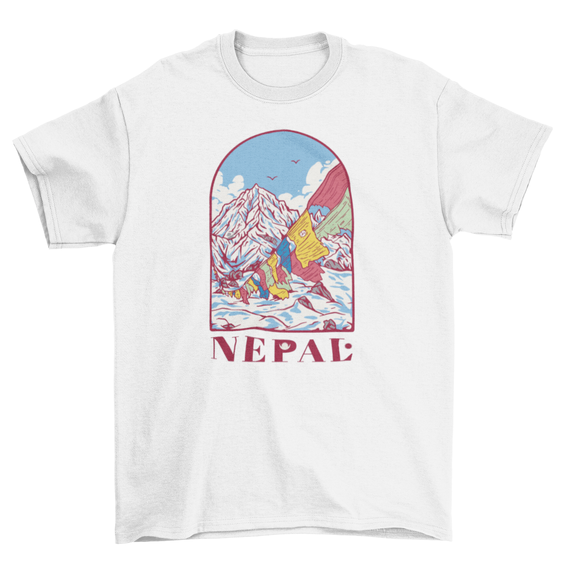 Himalayan mountain t-shirt featuring colorful prayer flags and the quote 'Nepal', showcasing a stunning mountain design.