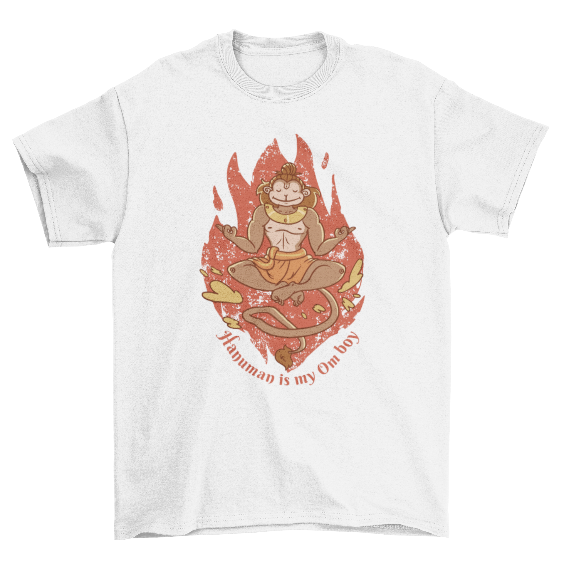 A stylish yoga t-shirt featuring the Hindu god Hanuman in a meditative pose with the quote 'Hanuman is my om boy'.