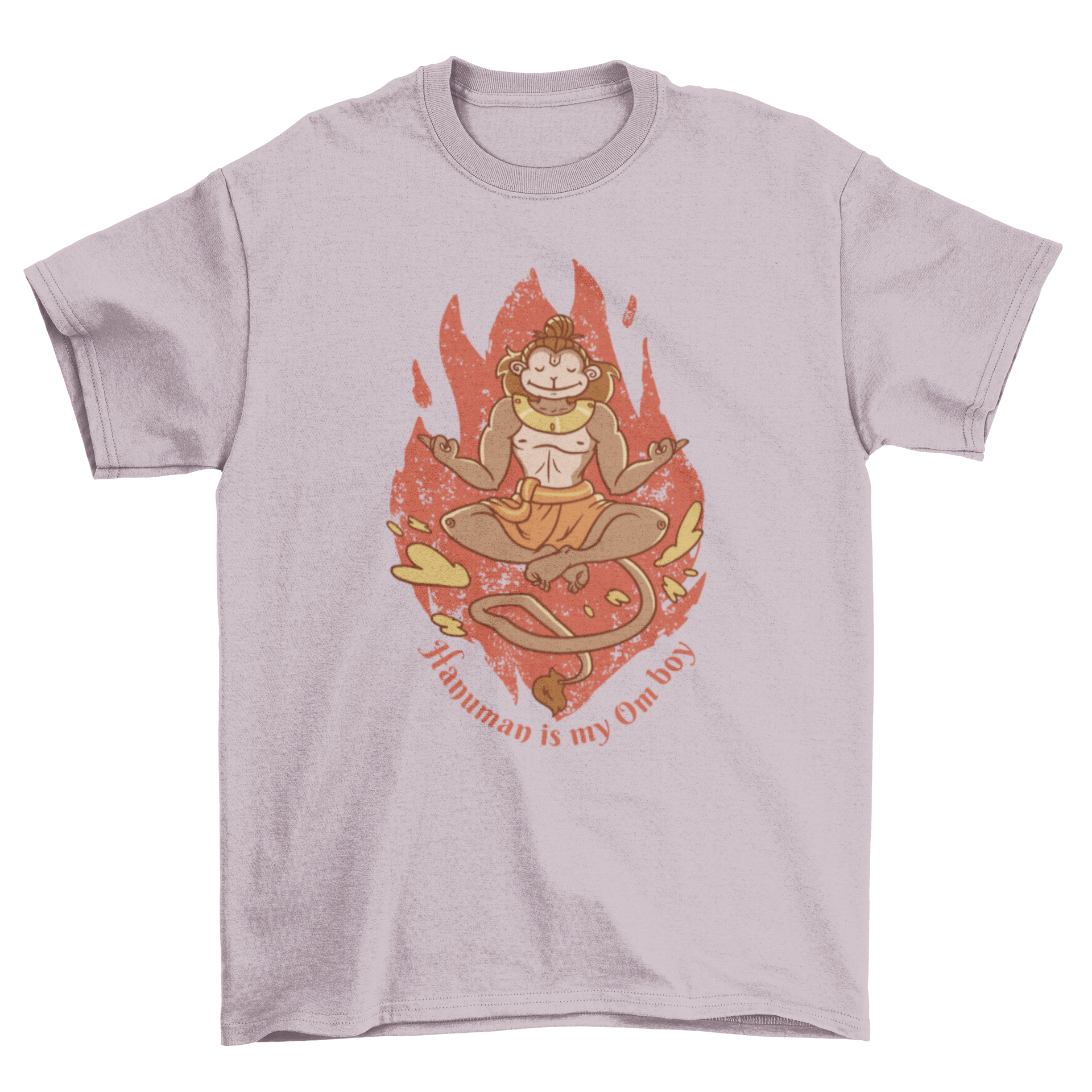 A stylish yoga t-shirt featuring the Hindu god Hanuman in a meditative pose with the quote 'Hanuman is my om boy'.