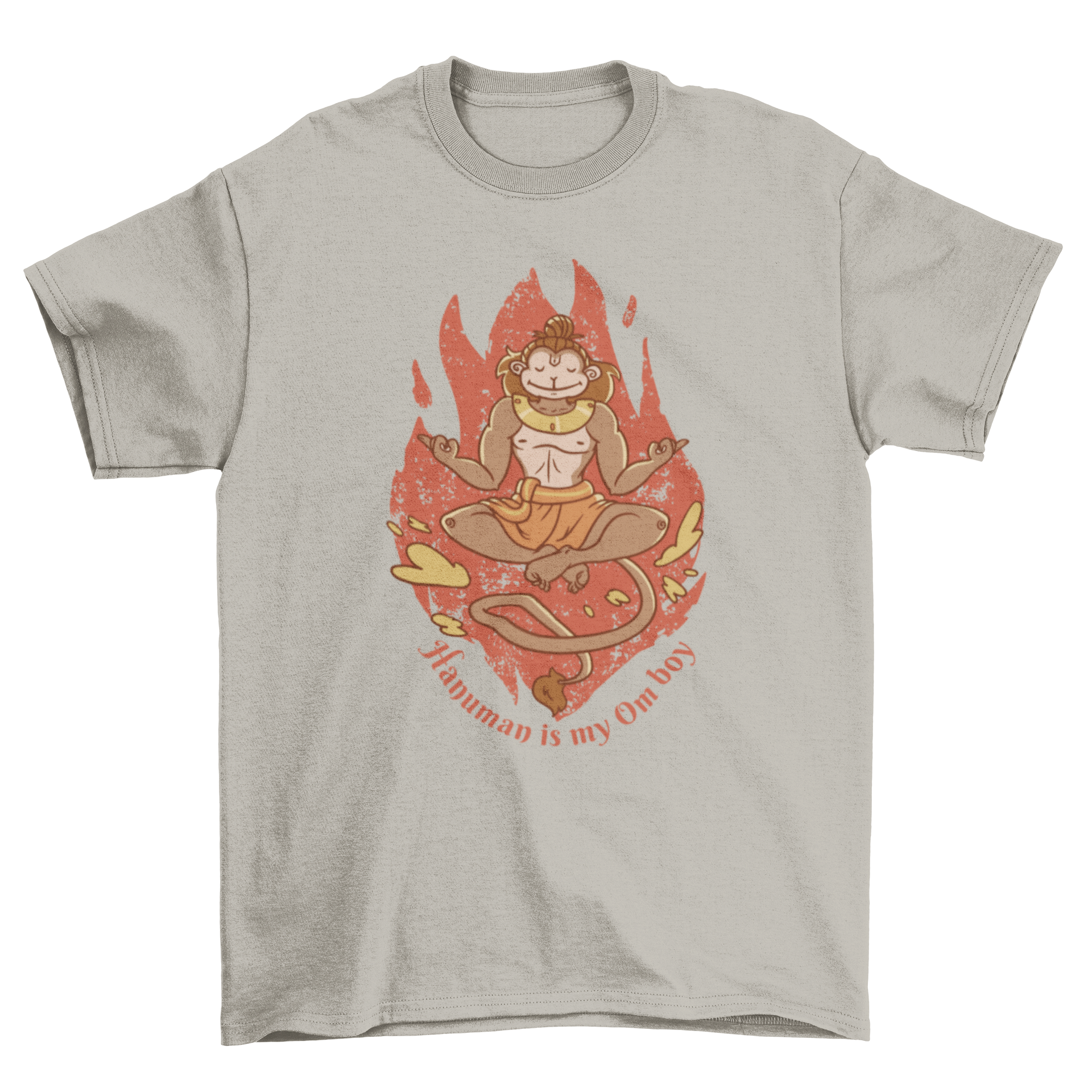 A stylish yoga t-shirt featuring the Hindu god Hanuman in a meditative pose with the quote 'Hanuman is my om boy'.