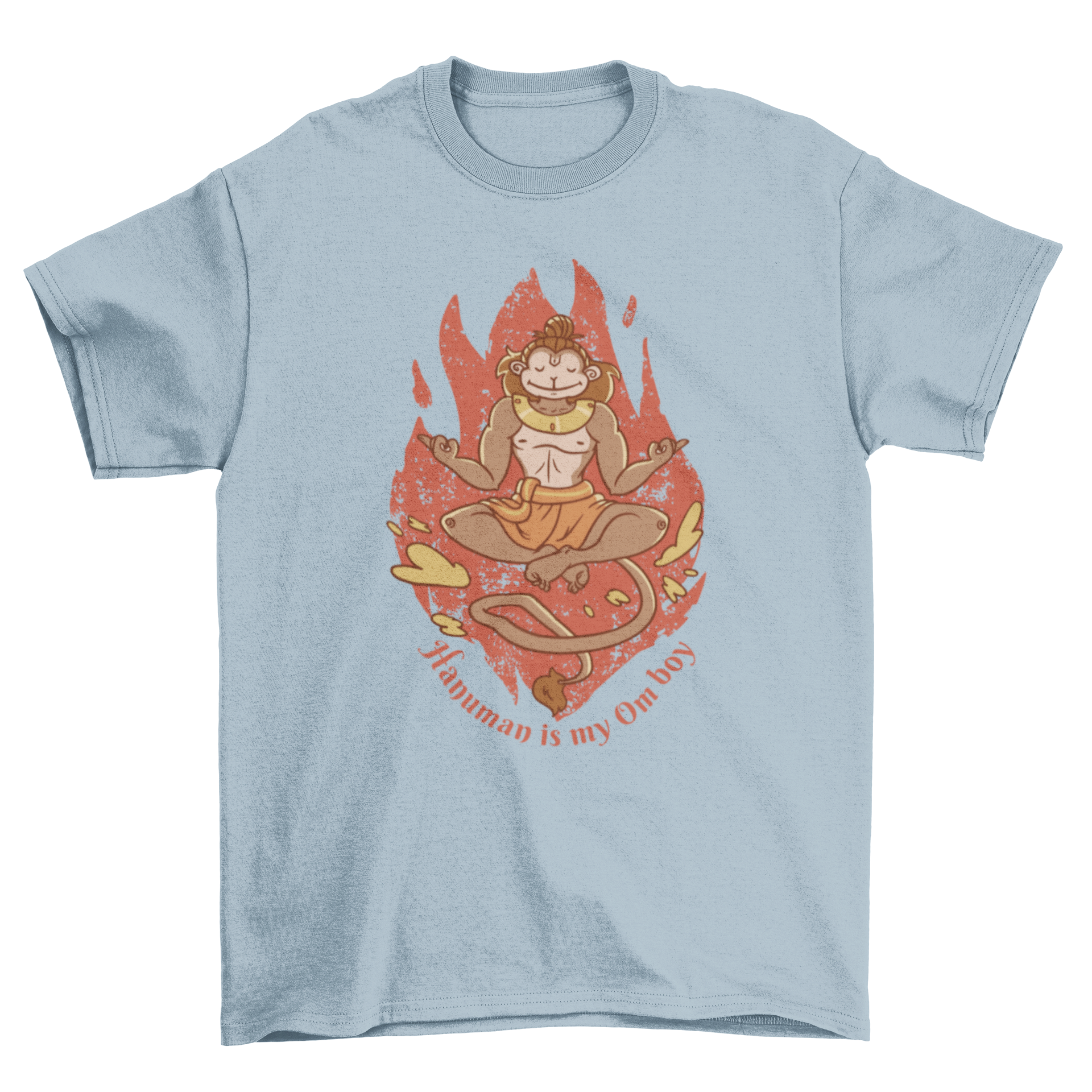 A stylish yoga t-shirt featuring the Hindu god Hanuman in a meditative pose with the quote 'Hanuman is my om boy'.