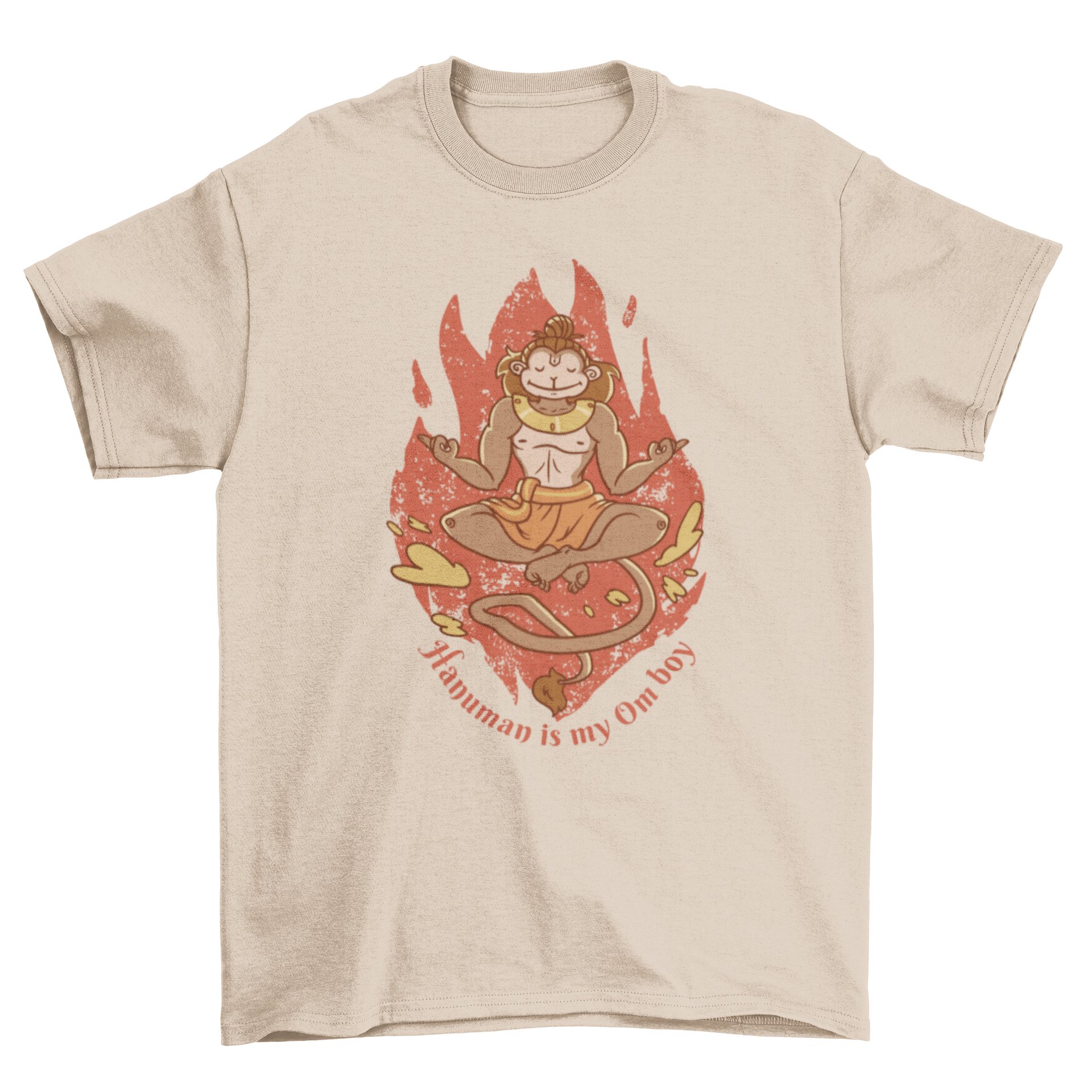 A stylish yoga t-shirt featuring the Hindu god Hanuman in a meditative pose with the quote 'Hanuman is my om boy'.