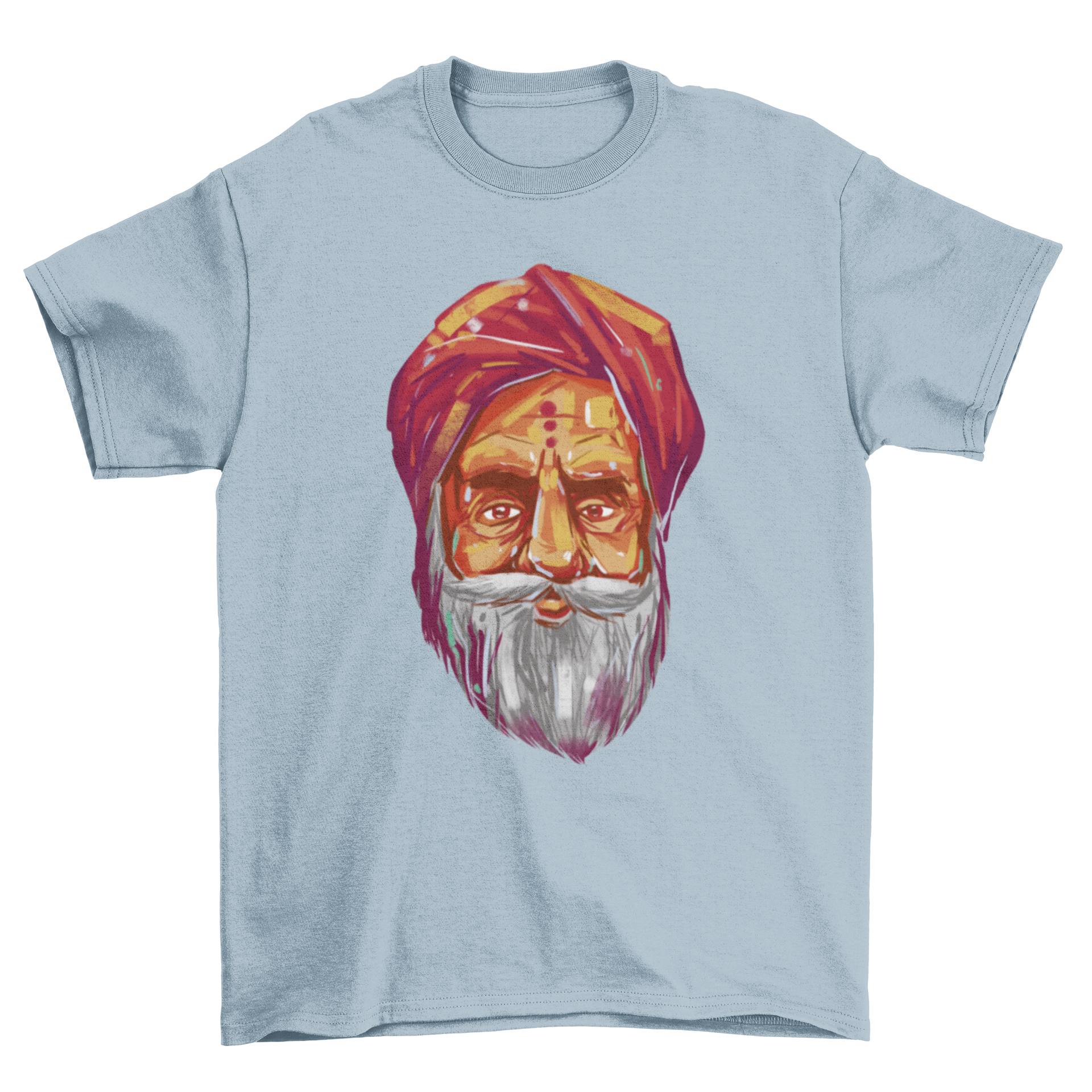 A stylish t-shirt featuring a detailed portrait of a Hindu guru, showcasing vibrant colors and intricate design.