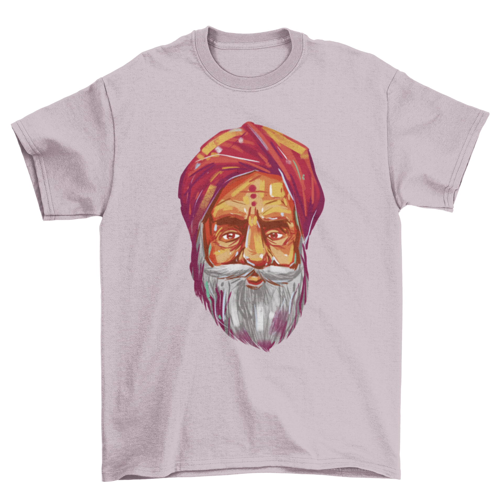 A stylish t-shirt featuring a detailed portrait of a Hindu guru, showcasing vibrant colors and intricate design.