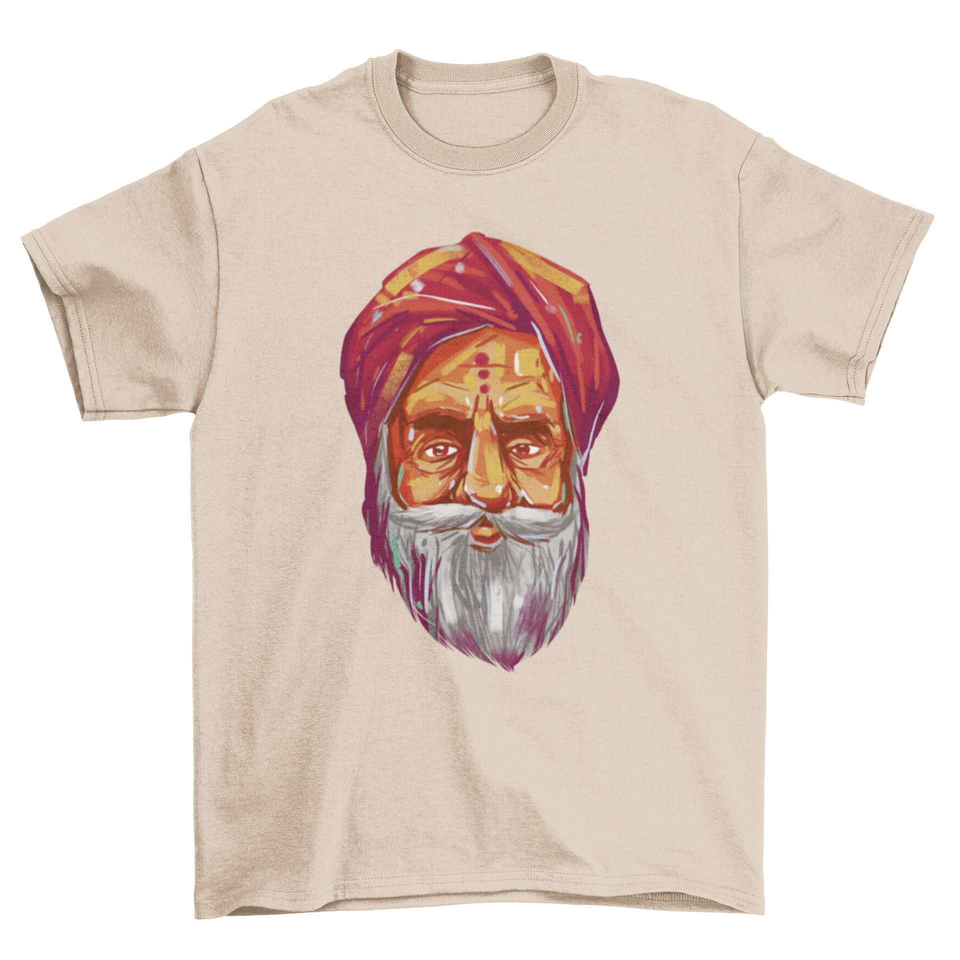 A stylish t-shirt featuring a detailed portrait of a Hindu guru, showcasing vibrant colors and intricate design.