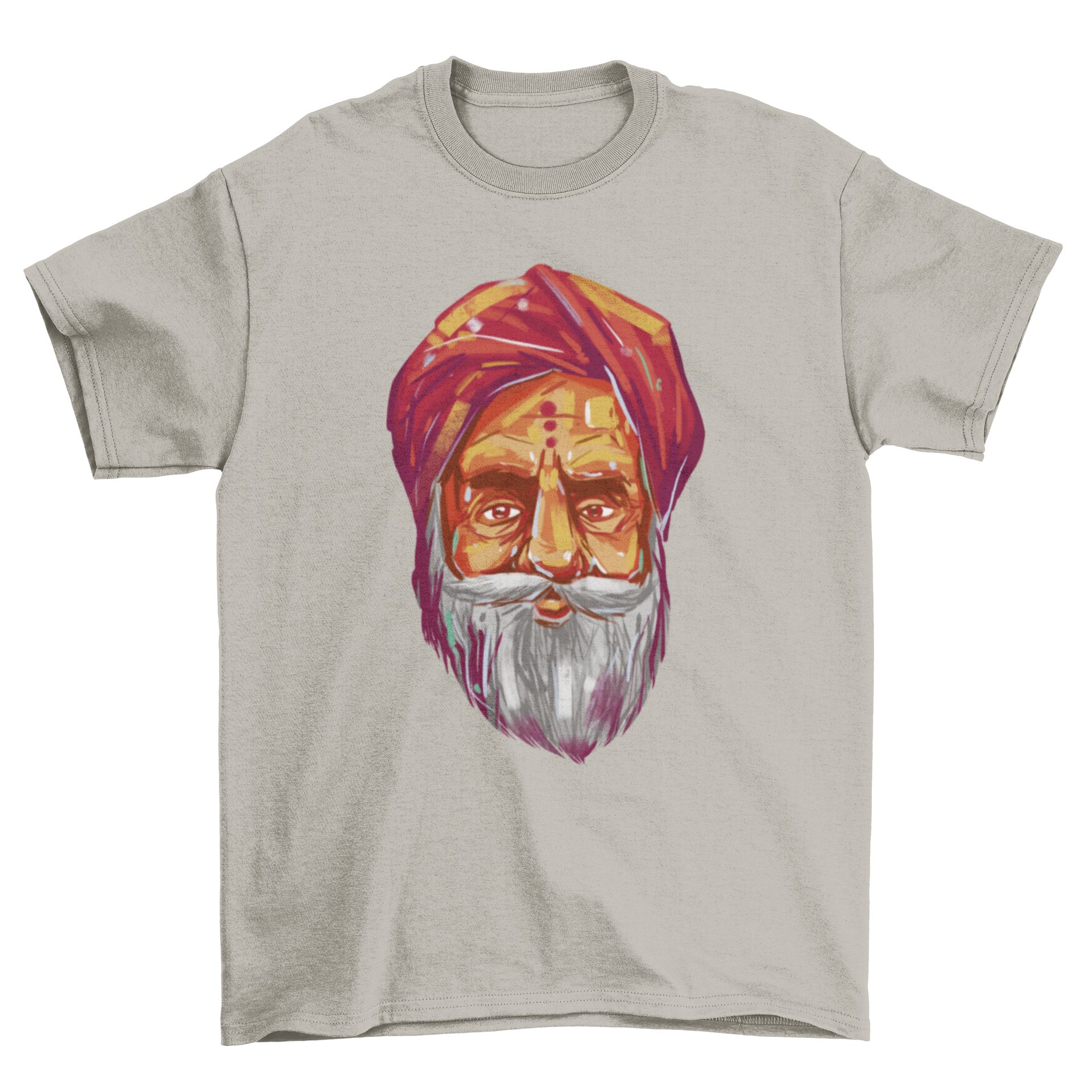 A stylish t-shirt featuring a detailed portrait of a Hindu guru, showcasing vibrant colors and intricate design.