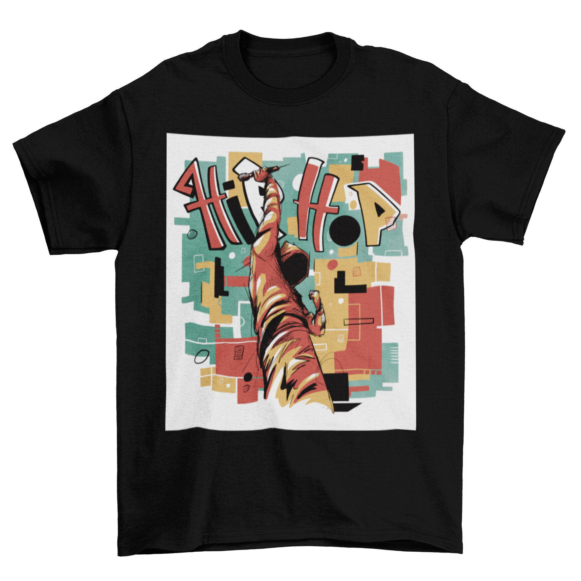 Hip hop musician abstract art t-shirt featuring vibrant colors and dynamic shapes, perfect for music lovers.
