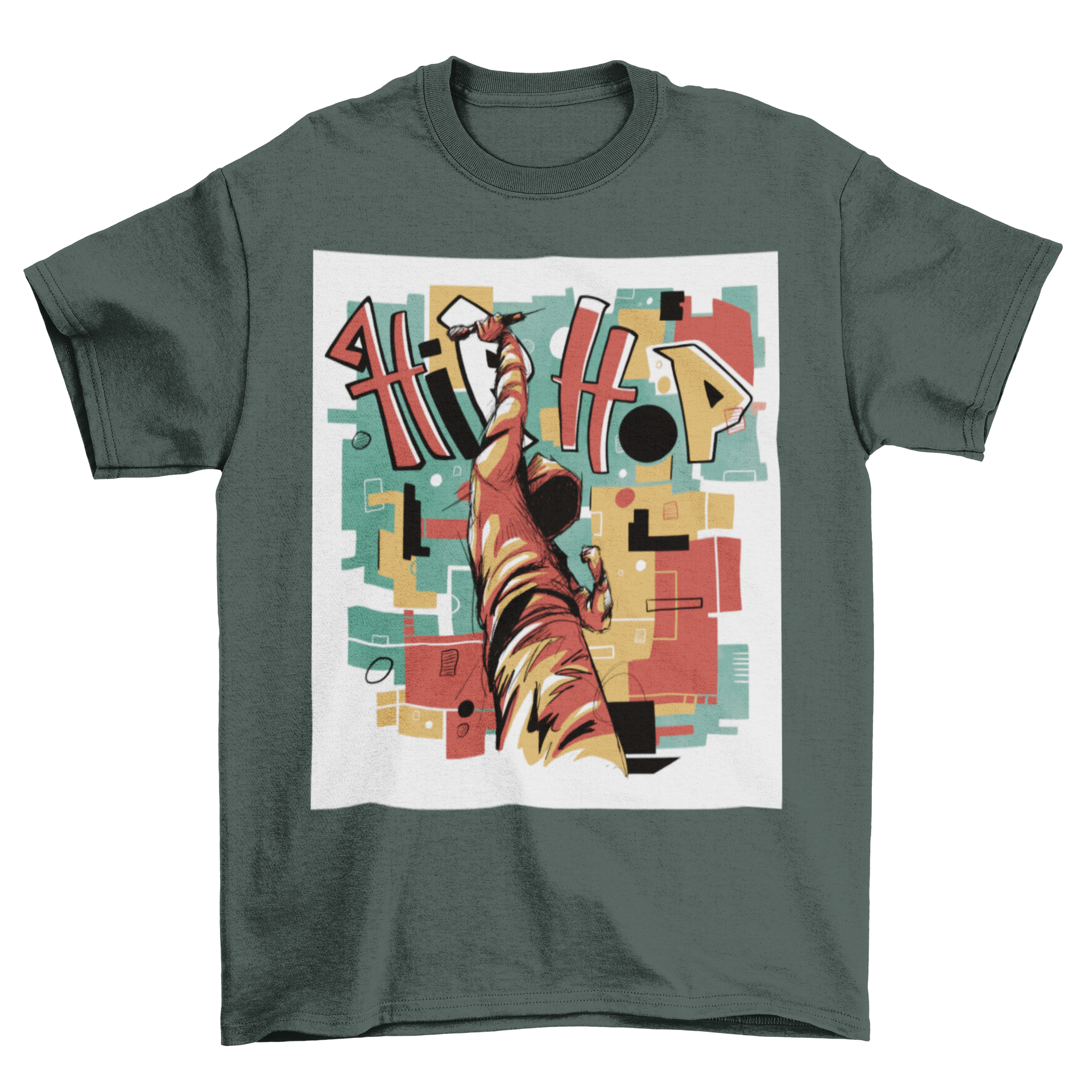 Hip hop musician abstract art t-shirt featuring vibrant colors and dynamic shapes, perfect for music lovers.