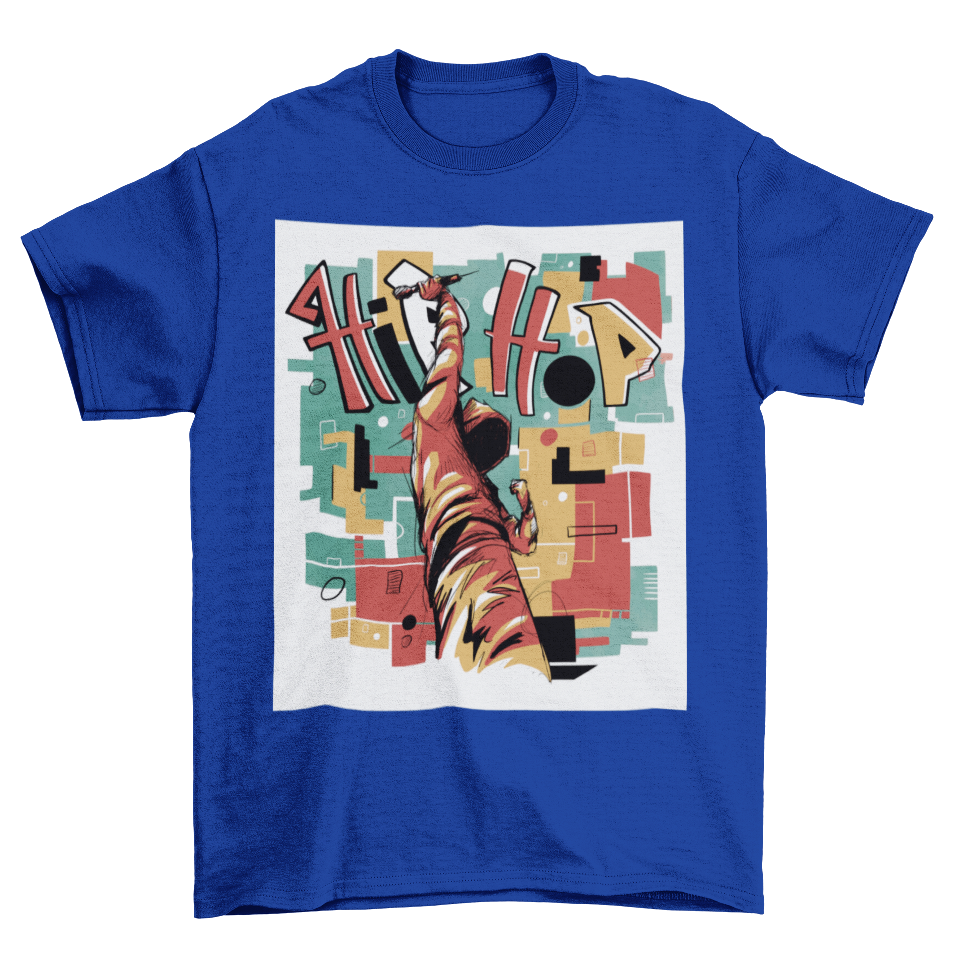 Hip hop musician abstract art t-shirt featuring vibrant colors and dynamic shapes, perfect for music lovers.
