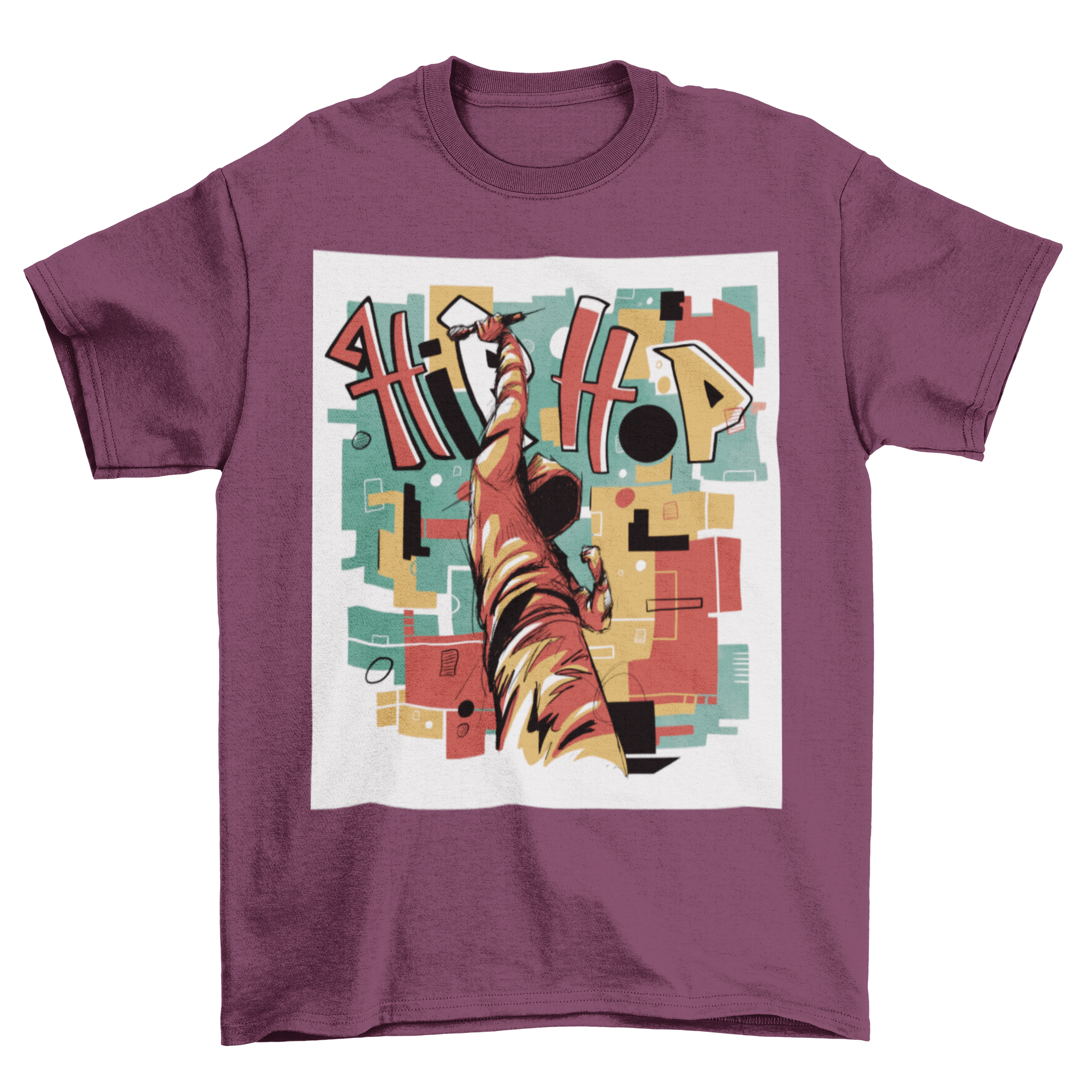 Hip hop musician abstract art t-shirt featuring vibrant colors and dynamic shapes, perfect for music lovers.