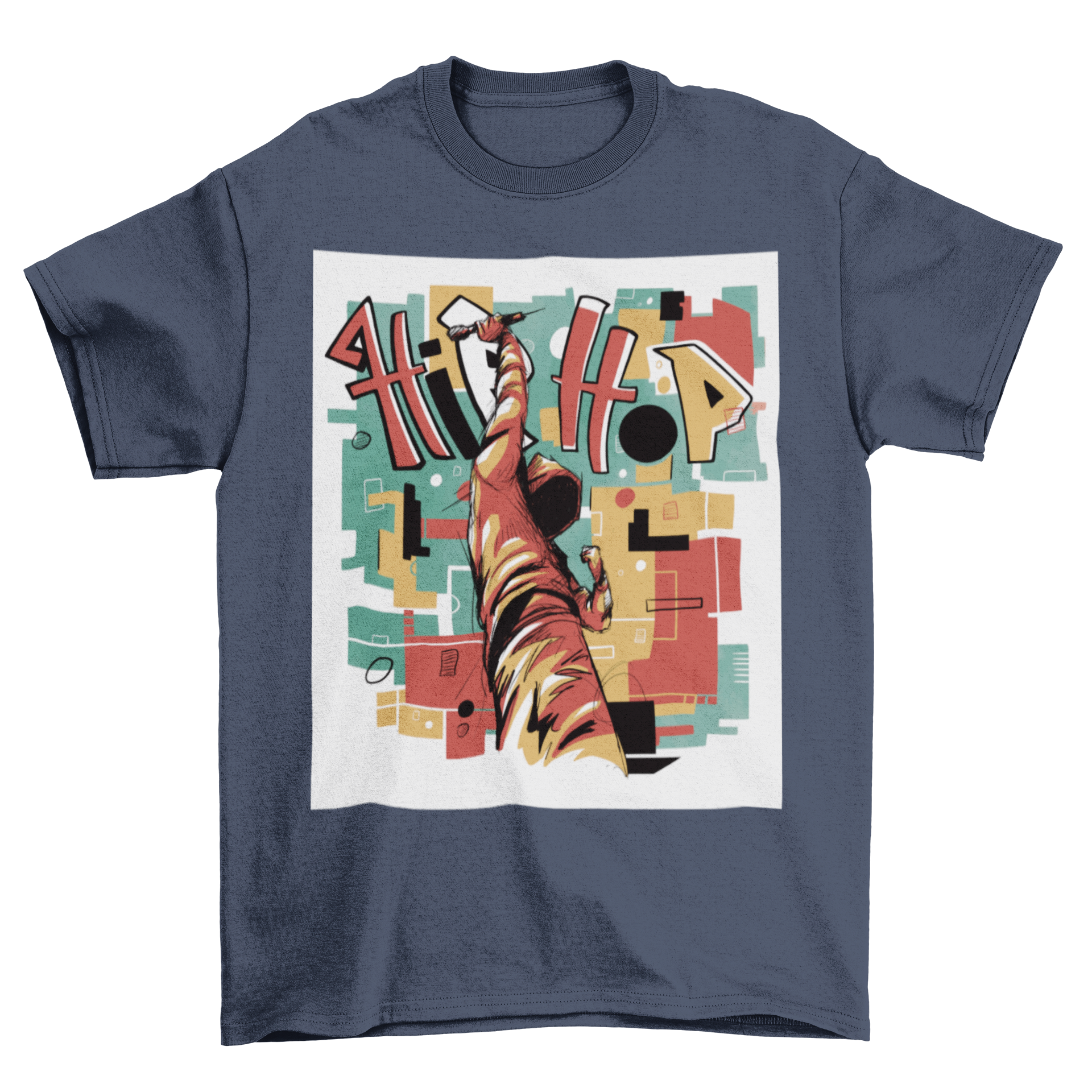 Hip hop musician abstract art t-shirt featuring vibrant colors and dynamic shapes, perfect for music lovers.