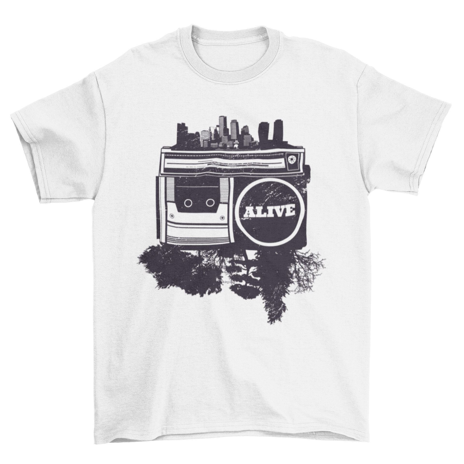 Hip hop t-shirt featuring a cassette player illustration with a cityscape and trees, captioned 'Alive'.