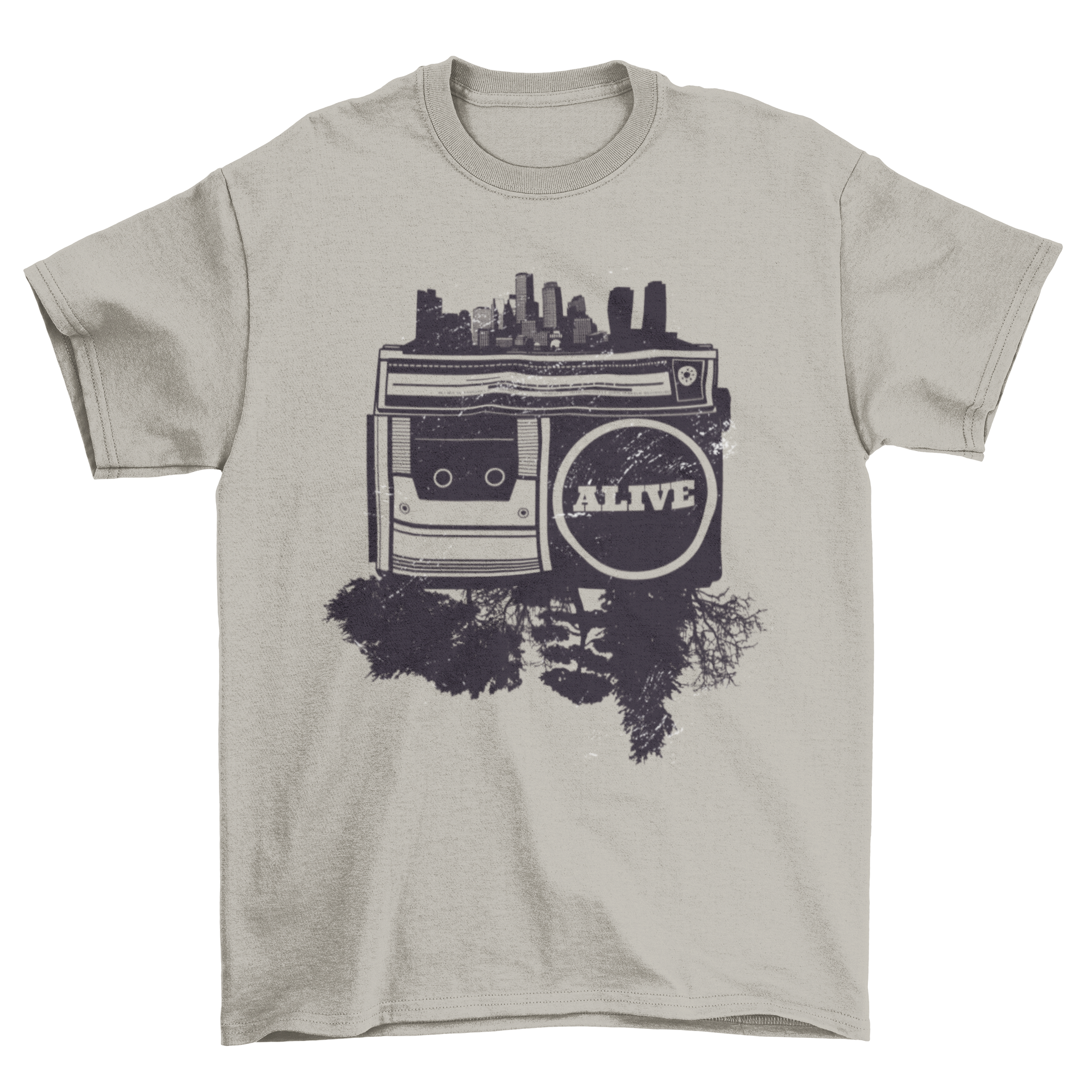 Hip hop t-shirt featuring a cassette player illustration with a cityscape and trees, captioned 'Alive'.