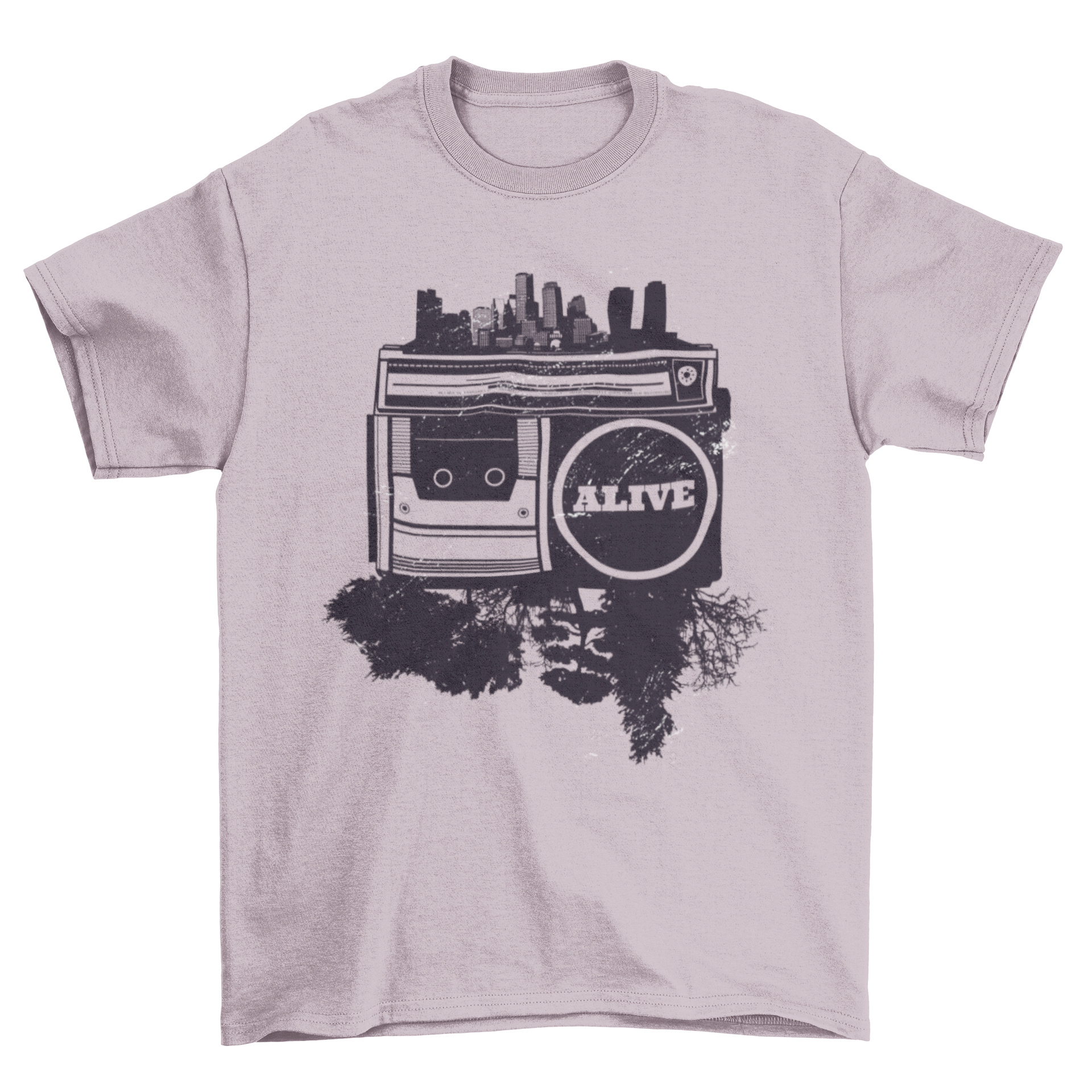 Hip hop t-shirt featuring a cassette player illustration with a cityscape and trees, captioned 'Alive'.