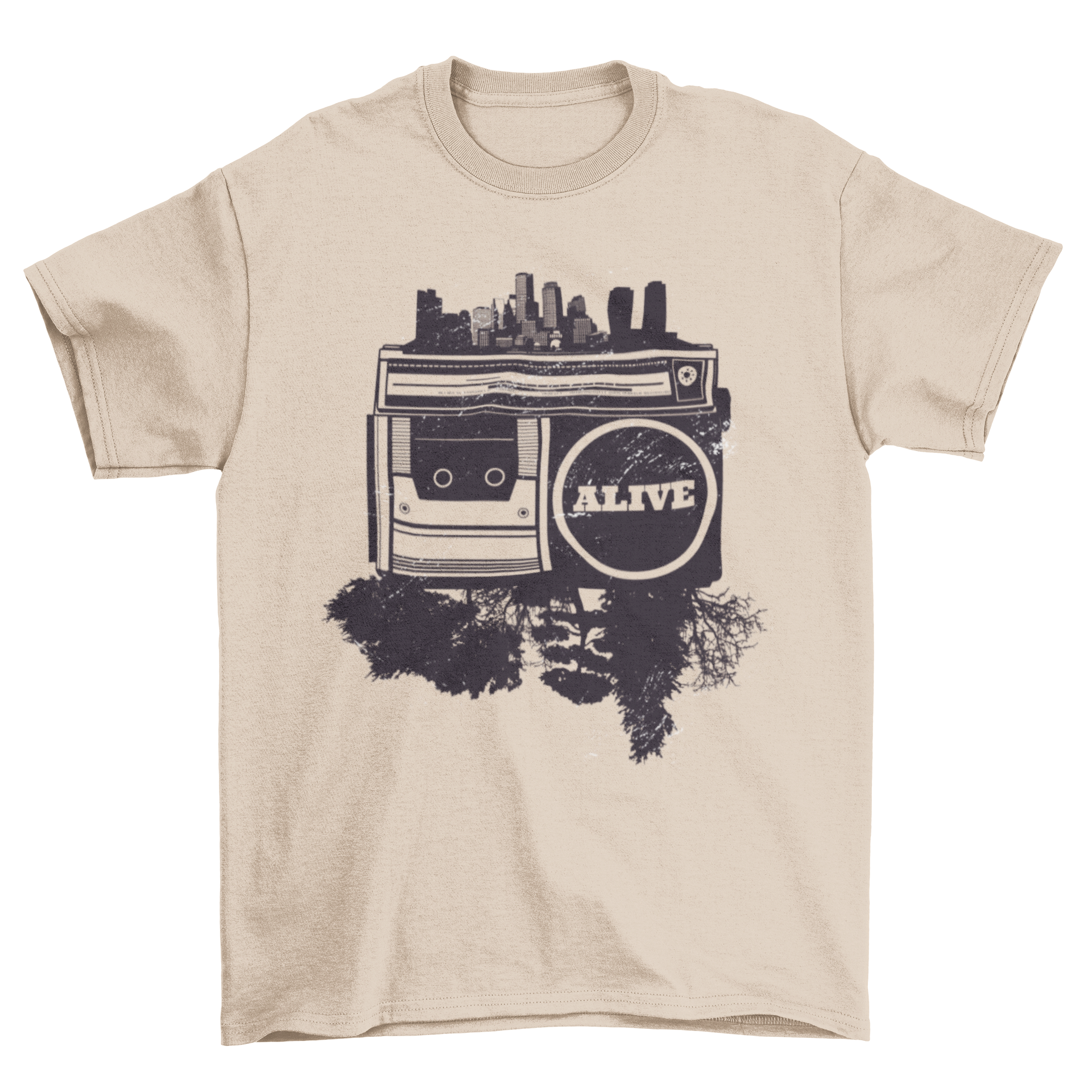 Hip hop t-shirt featuring a cassette player illustration with a cityscape and trees, captioned 'Alive'.