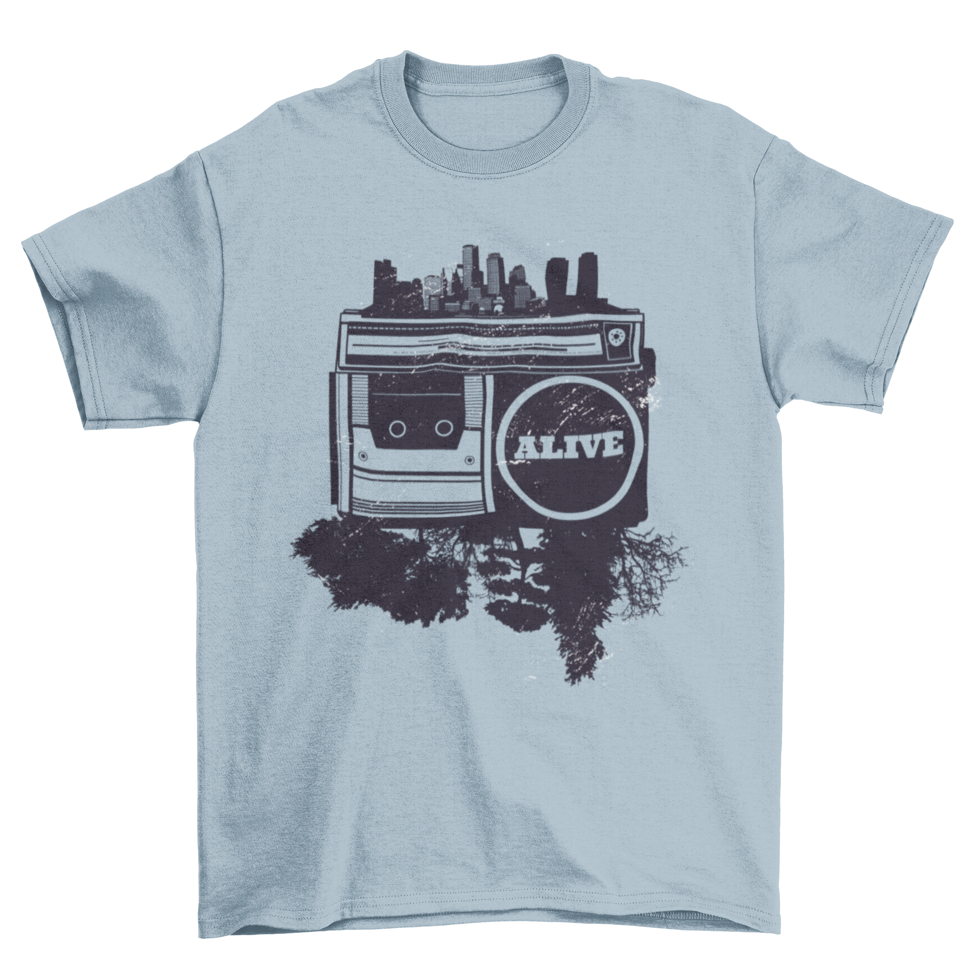 Hip hop t-shirt featuring a cassette player illustration with a cityscape and trees, captioned 'Alive'.