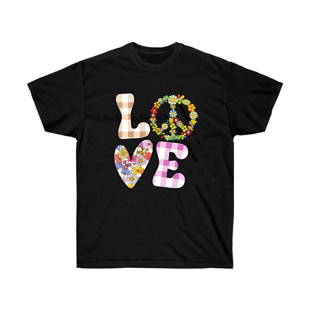 Hippie LOVE and Peace Tshirt featuring vibrant vinyl print on soft cotton fabric, perfect for casual wear.